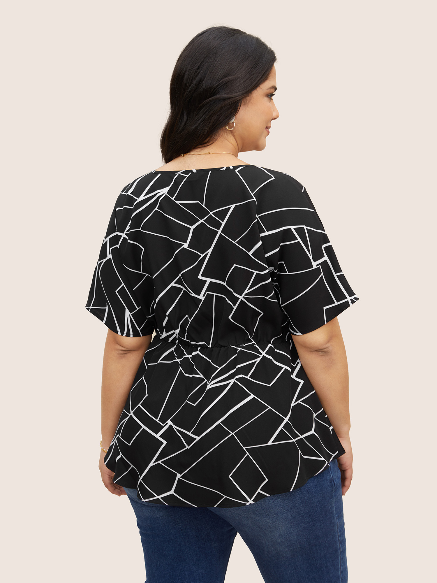 

Plus Size Black Geometric Overlap Collar Ruffle Sleeve Blouse Women At the Office Short sleeve Overlap Collar Work Blouses BloomChic