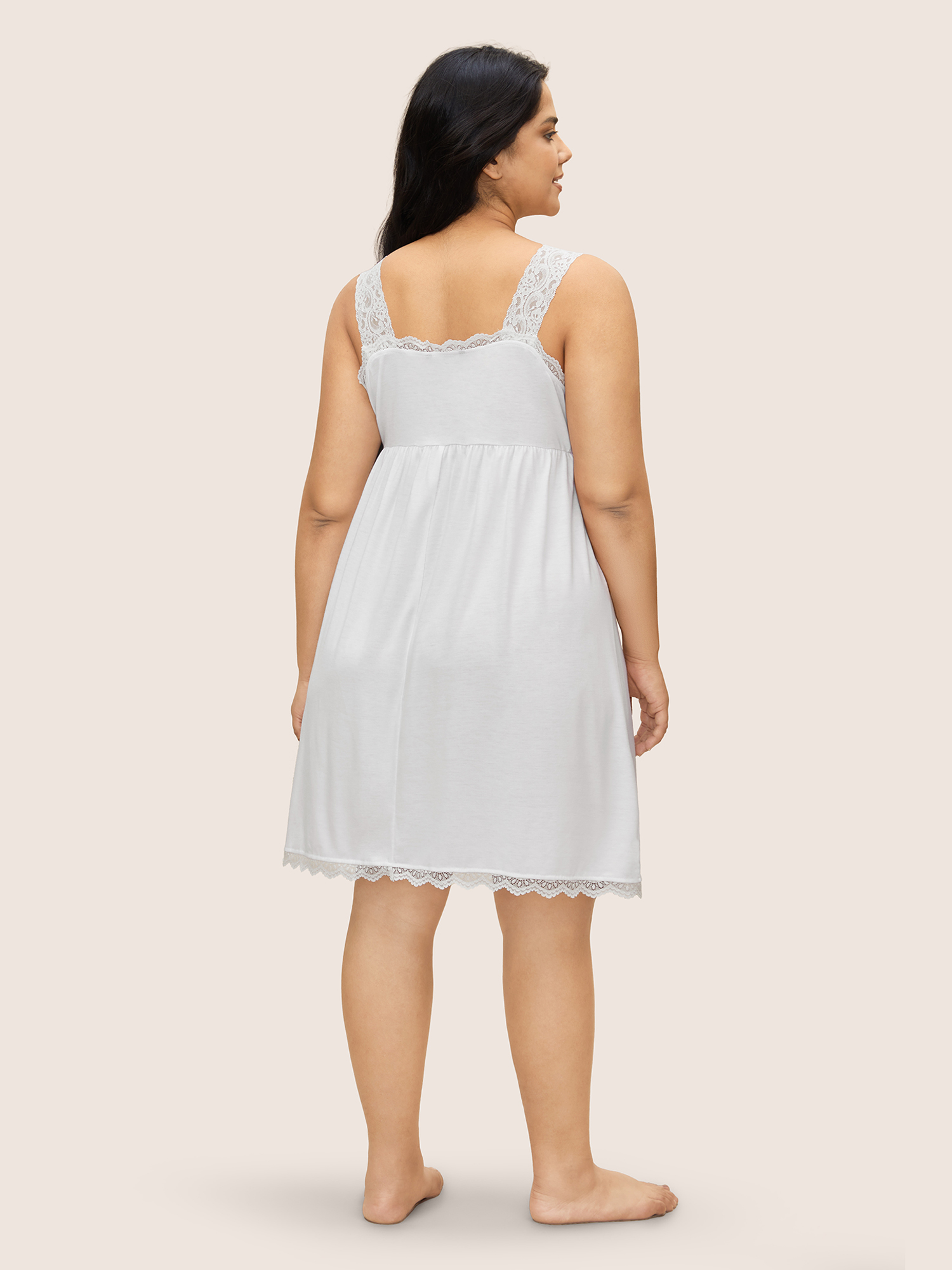 

Plus Size V Neck Solid Lace Panel Elastic Waist Sleep Dress White Sleeveless V-neck Elegant Everyday  Bloomchic