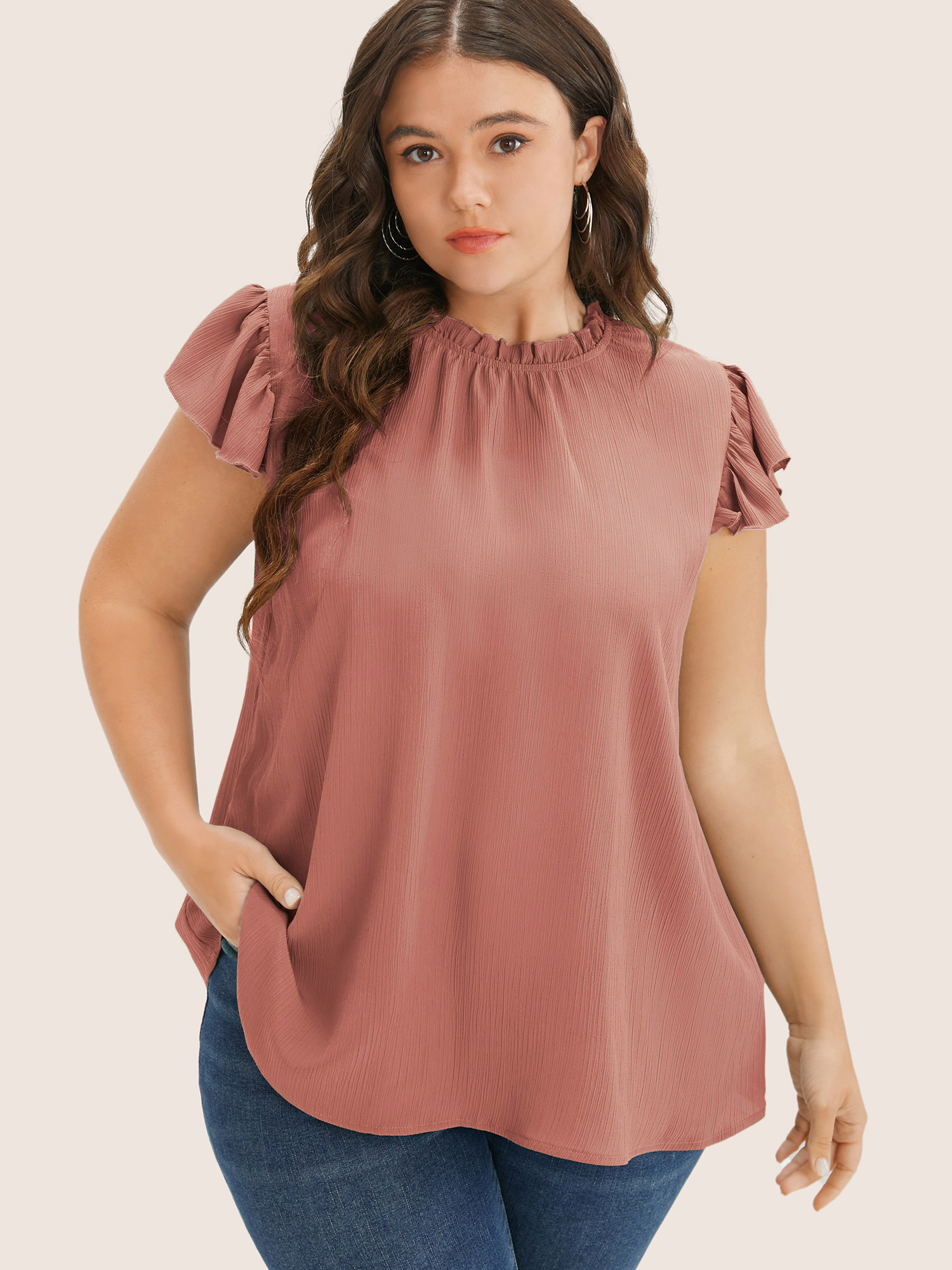 

Plus Size Rouge Plain Mock Neck Cap Sleeve Ruffle Trim Blouse Women Elegant Short sleeve Mock Neck Everyday Blouses BloomChic