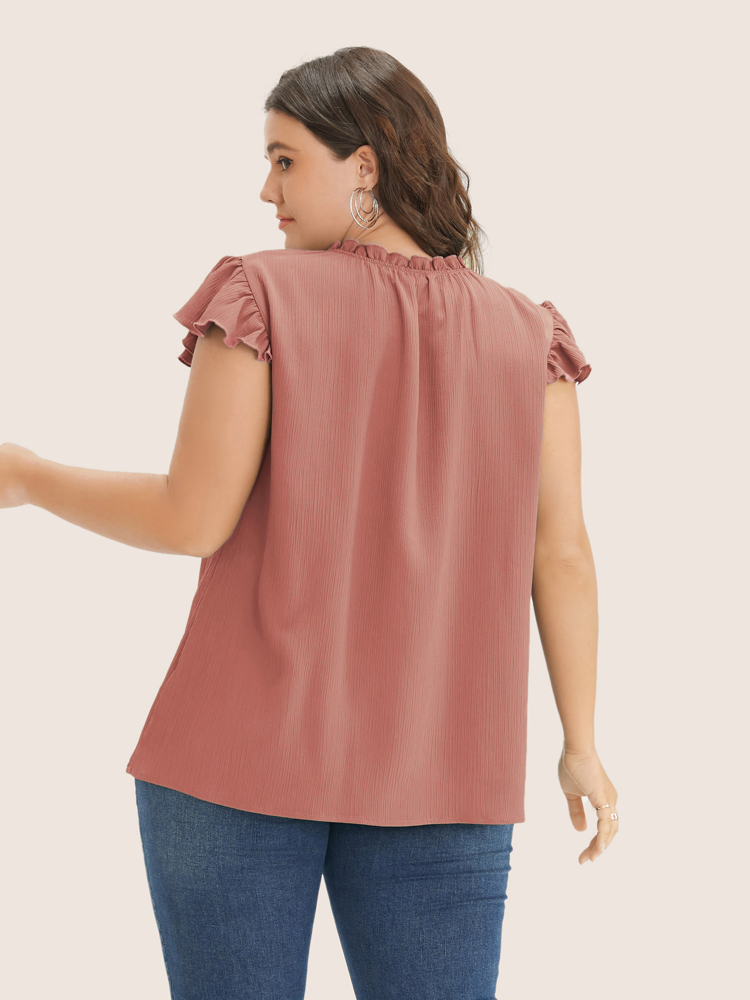 

Plus Size Rouge Plain Mock Neck Cap Sleeve Ruffle Trim Blouse Women Elegant Short sleeve Mock Neck Everyday Blouses BloomChic