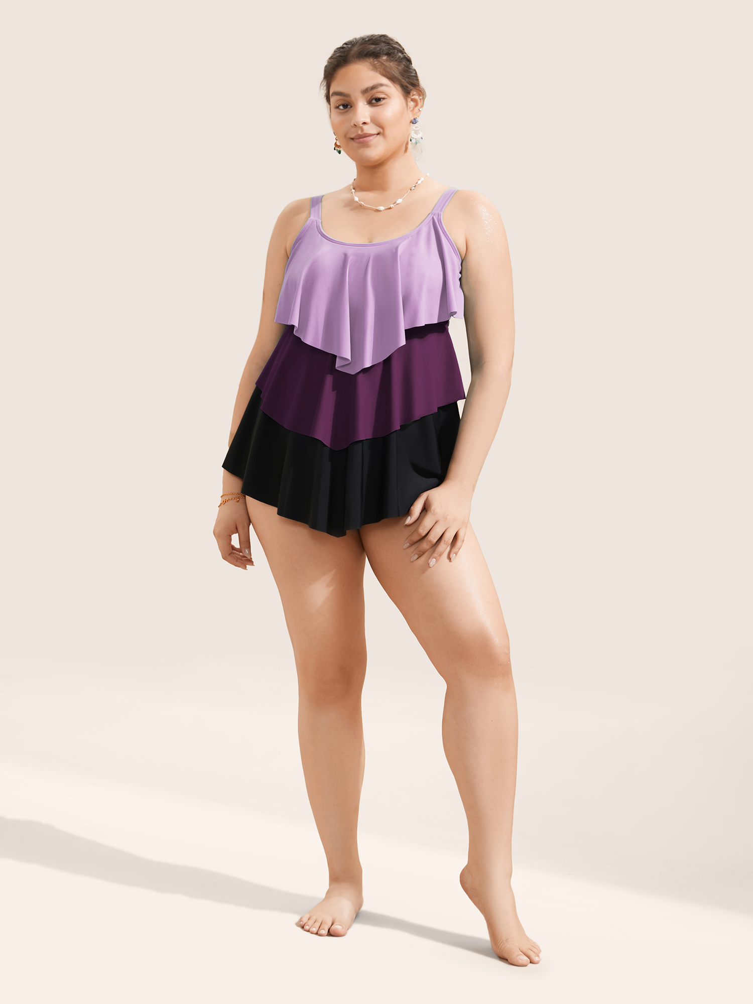 Plus Size Colorblock Contrast Ruffle Layered Hem Tankini Top Women`s Swimwear Lilac Beach Non High stretch Bodycon U-neck Curve Swim Tops BloomChic 28/5X 