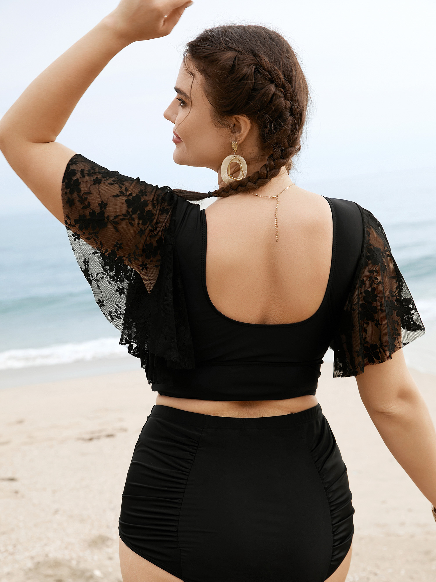 Plus Size U Neck Crochet Lace Mesh Swim Top Women`s Swimwear Black Beach Texture High stretch Skinny U-neck Curve Swim Tops BloomChic 18-20/2X 