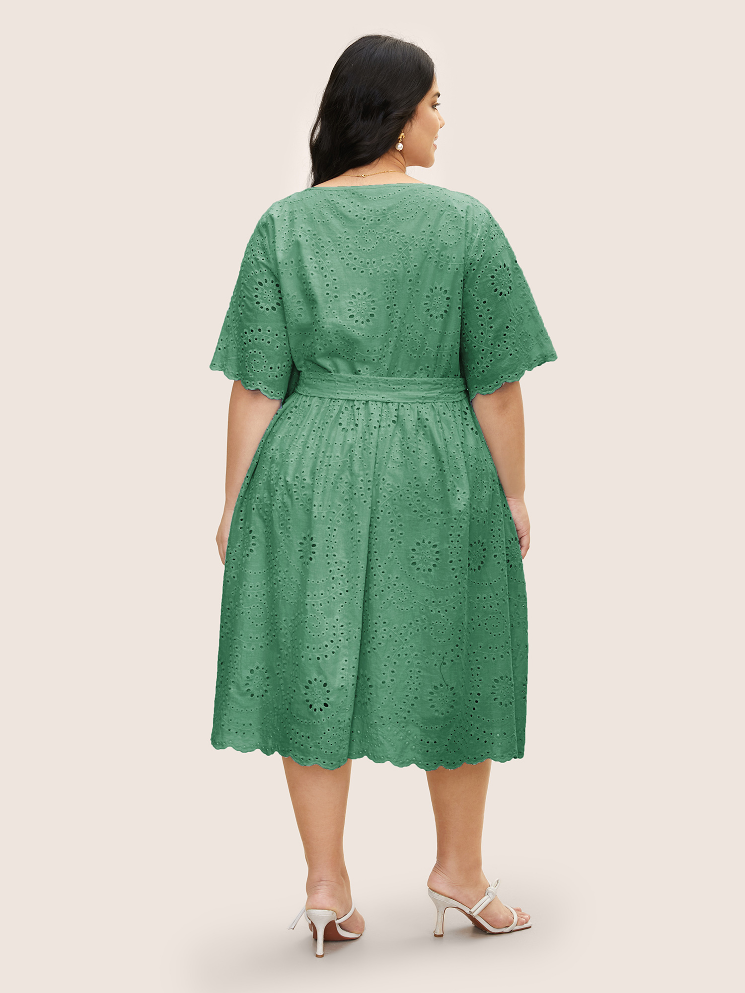 

Plus Size Broderie Anglaise Ruffle Sleeve Ties Dress Emerald Women Non Round Neck Short sleeve Curvy Midi Dress BloomChic
