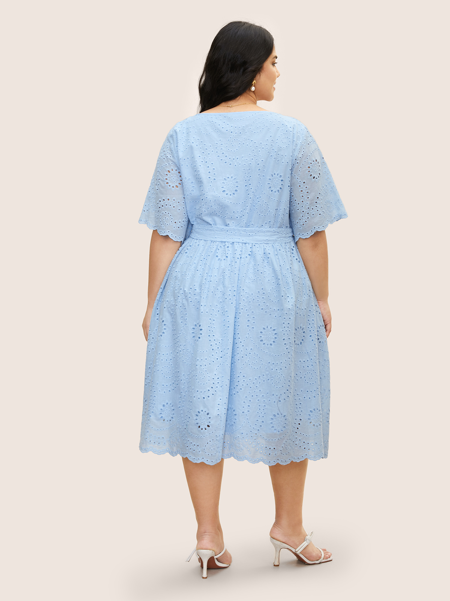 

Plus Size Broderie Anglaise Ruffle Sleeve Ties Dress LightBlue Women Resort Non Round Neck Short sleeve Curvy Midi Dress BloomChic