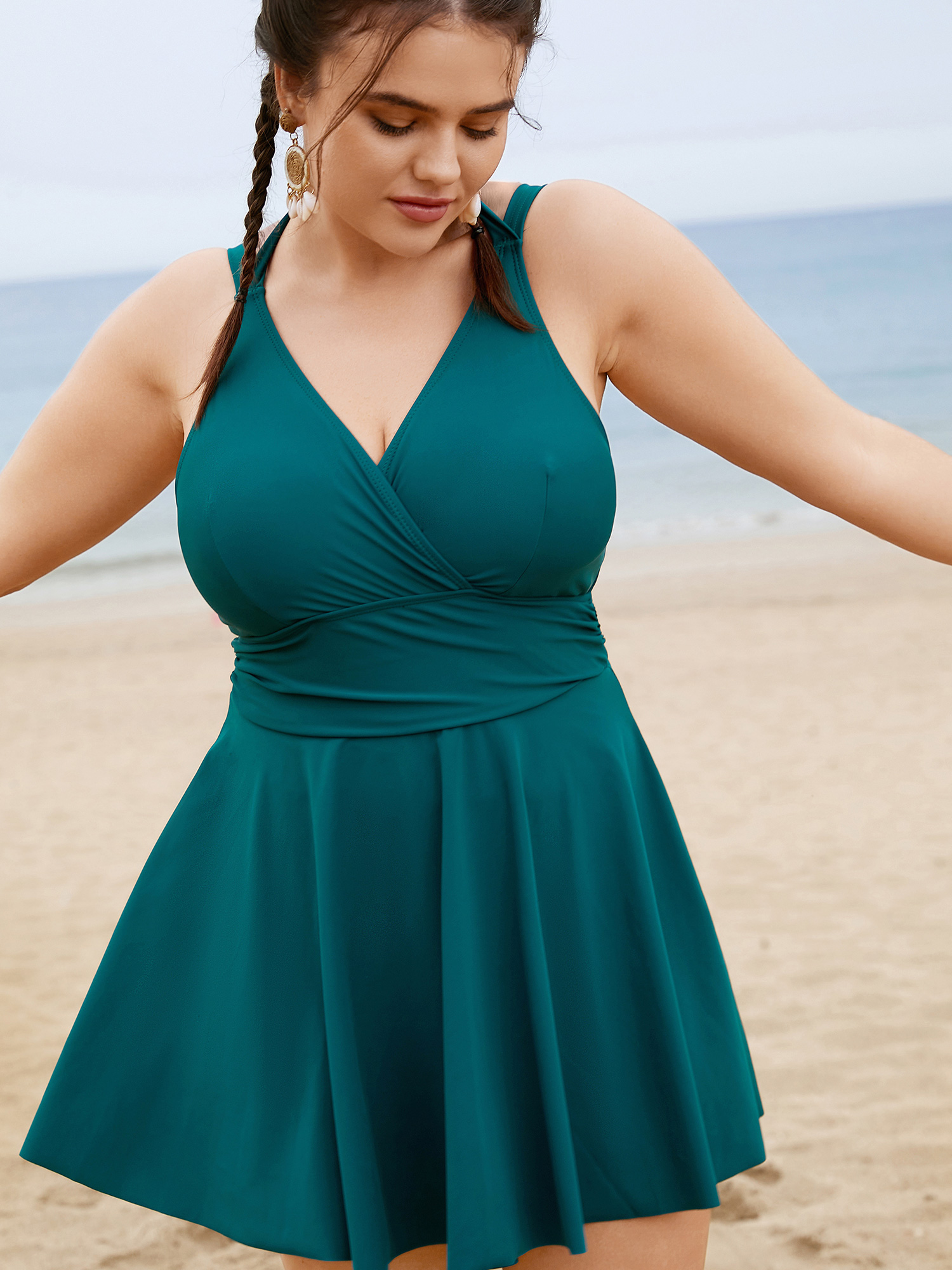 Solid Ruffle Hem Empire Waist Halter Neck Swim Dress BloomChic 