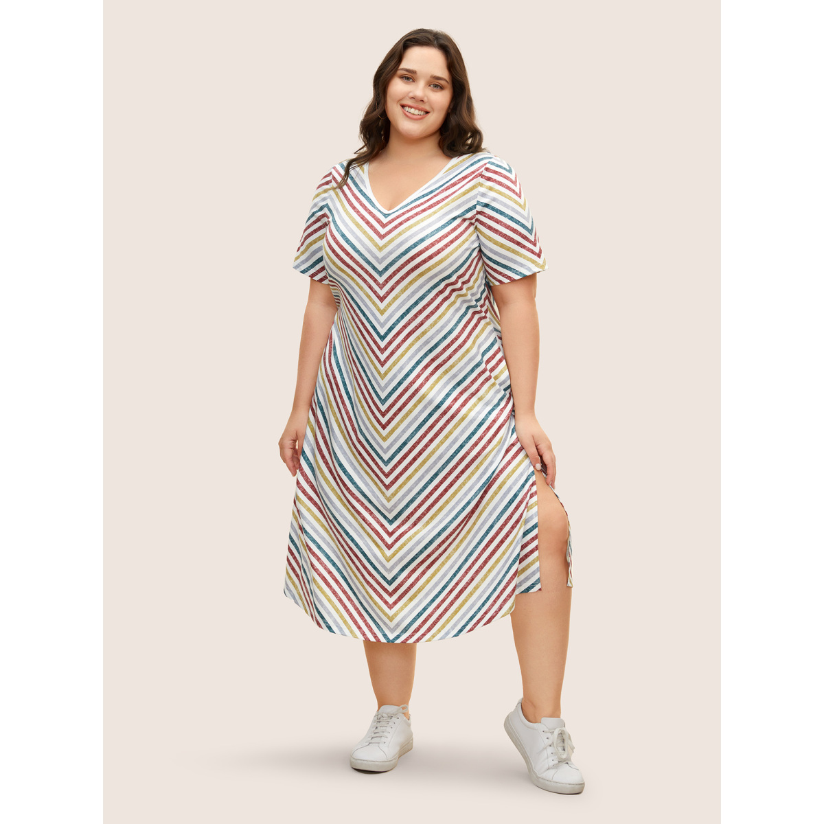 

Plus Size Colored Striped V Neck Pocket Midi Dress Multicolor Women Contrast V-neck Short sleeve Curvy BloomChic