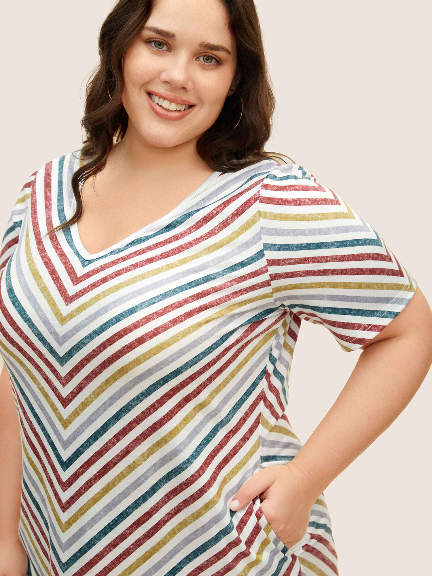 Plus Size Colored Striped V Neck Pocket Midi Dress Multicolor Women Contrast V-neck Short sleeve Curvy BloomChic 22-24/3X 