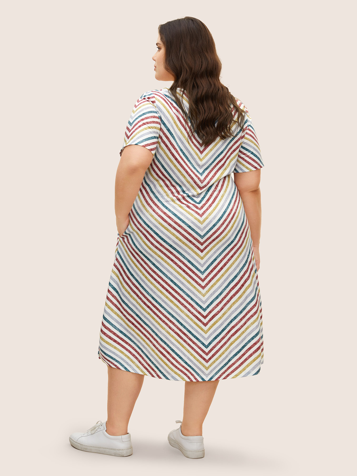 Plus Size Colored Striped V Neck Pocket Midi Dress Multicolor Women Contrast V-neck Short sleeve Curvy BloomChic 22-24/3X 