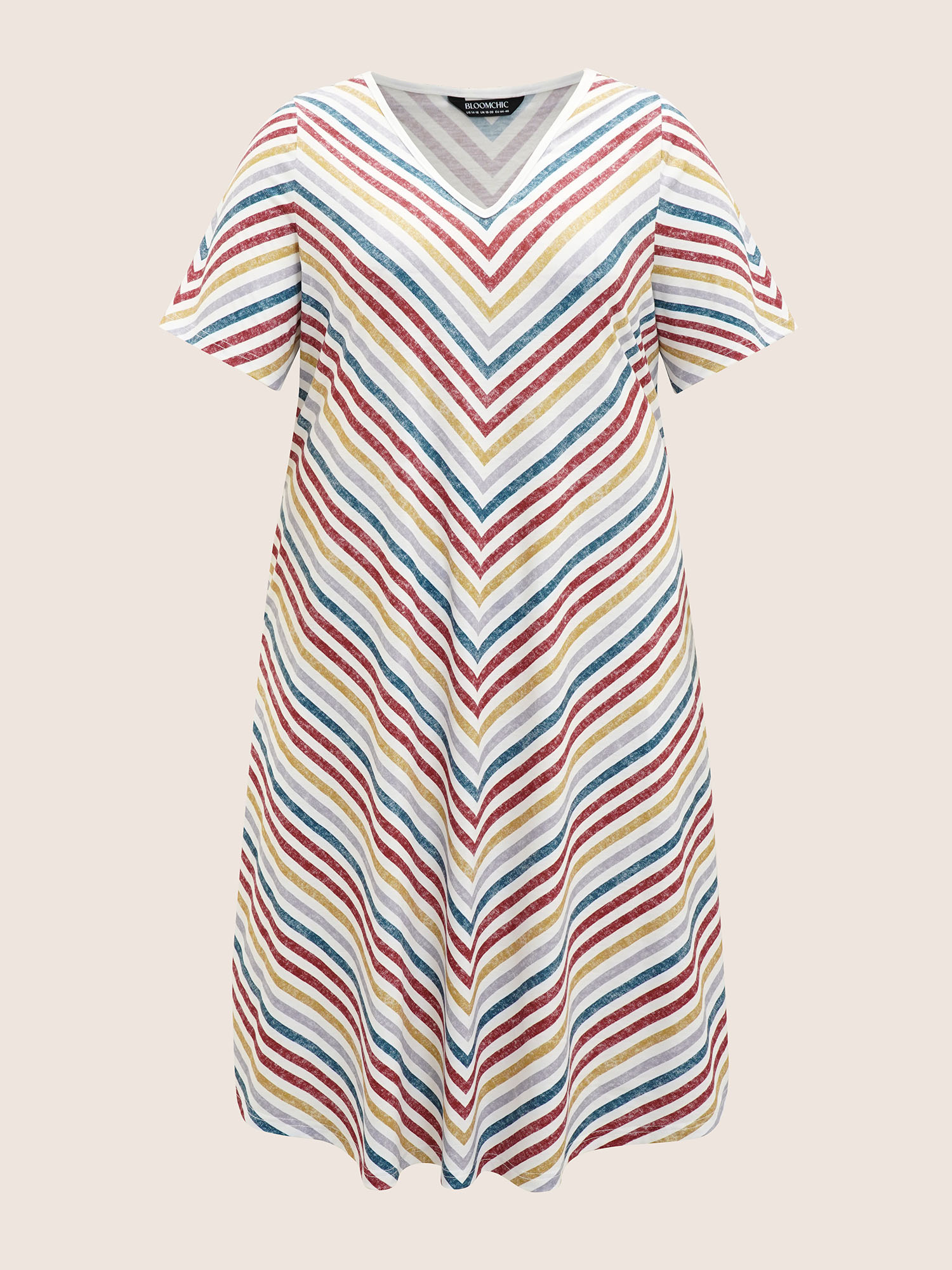 

Plus Size Colored Striped V Neck Pocket Midi Dress Multicolor Women Casual Contrast V-neck Short sleeve Curvy BloomChic