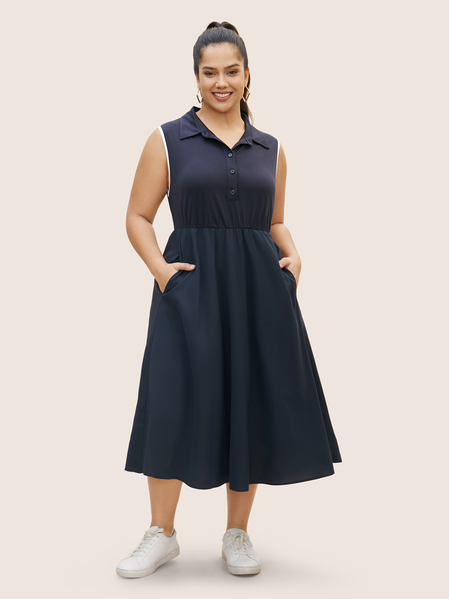 

Plus Size Shirt Collar Contrast Trim Button Up Dress Navy Women Casual Contrast Shirt collar Sleeveless Curvy BloomChic