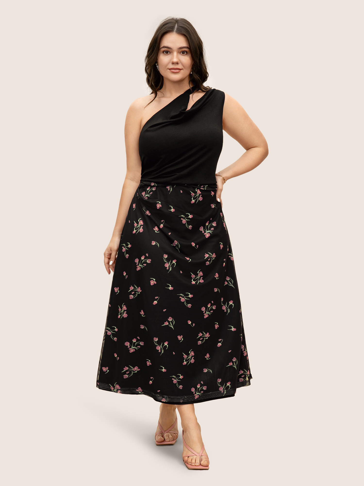 

Plus Size Everywhere Dress - Cowl Neck Rose Patchwork Dress Black Women Elegant Patchwork Non Sleeveless Curvy BloomChic