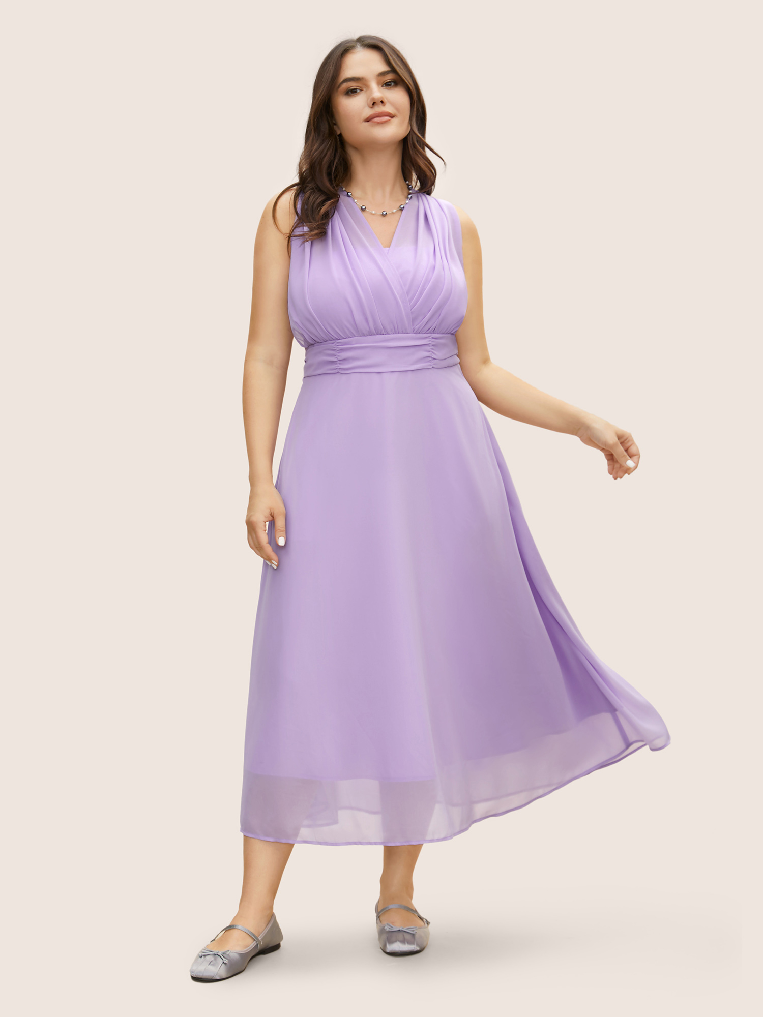 

Plus Size Everywhere Dress - Monochromatic Waist Ruched Dress Lilac Women V-neck Cap Sleeve Curvy BloomChic