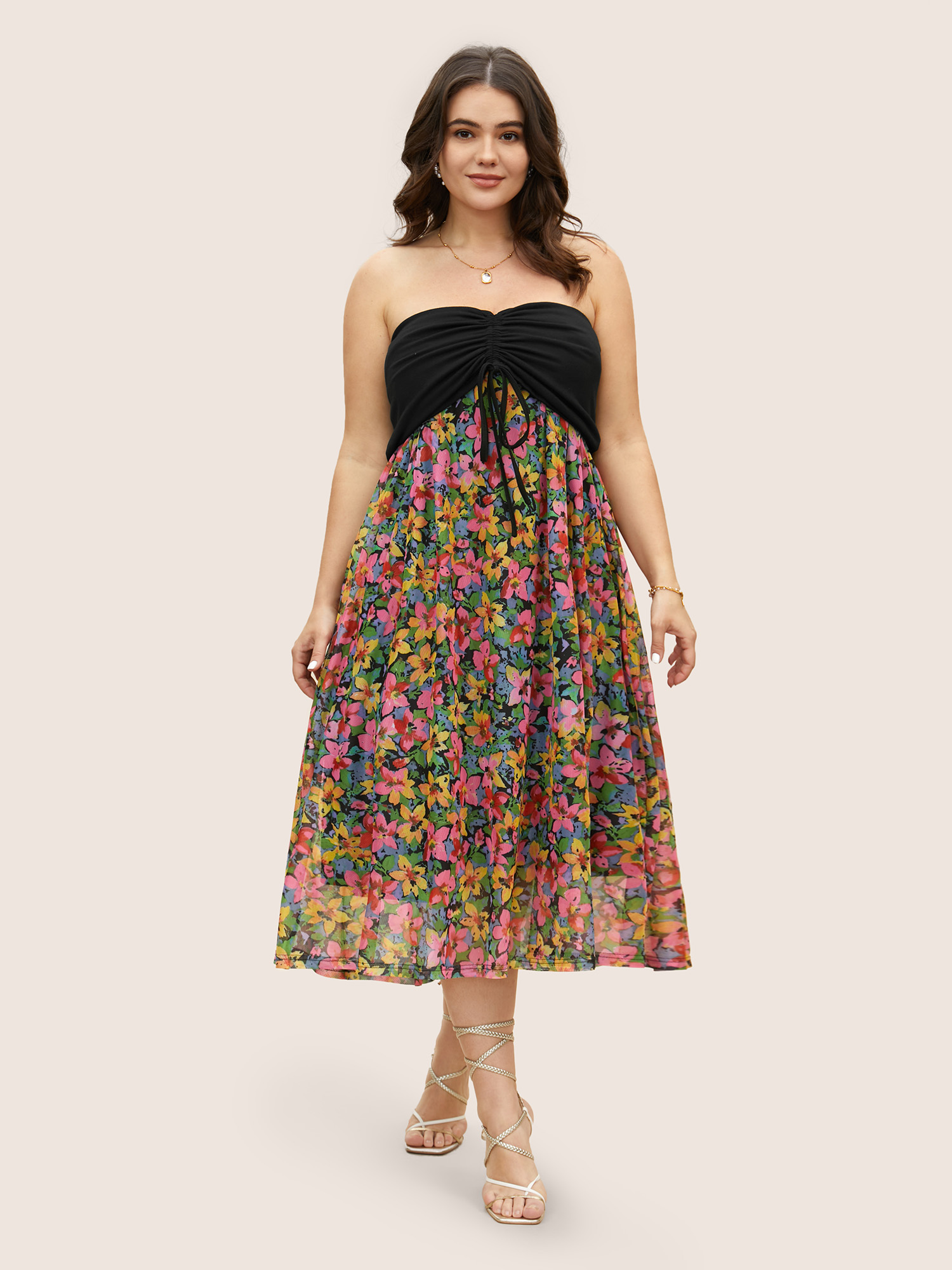 

Plus Size Everywhere Dress - Floral Patchwork Drawstring Dress Black Women One-shoulder neck Sleeveless Curvy BloomChic
