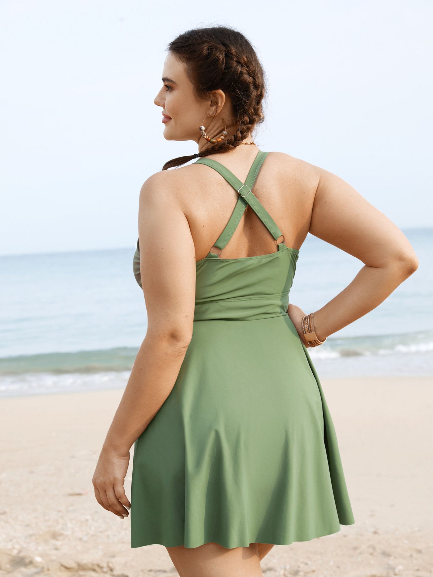 

Plus Size Plain Ties Wrap Flutters Swim Dress Women's Swimwear Moss Beach Bodycon Overlap Collar High stretch Curve Swim Dresses BloomChic