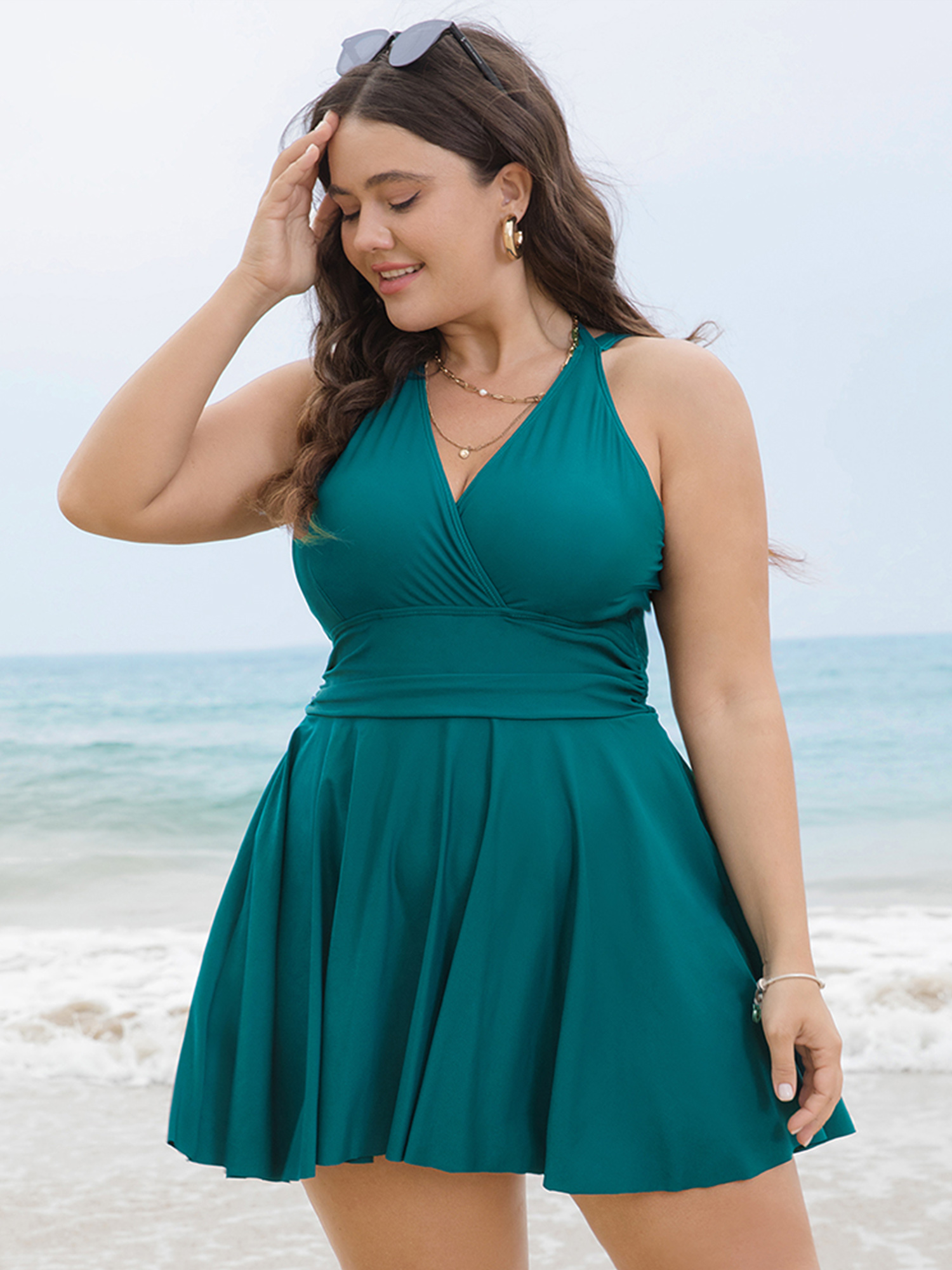 Solid Ruffle Hem Empire Waist Halter Neck Swim Dress BloomChic 