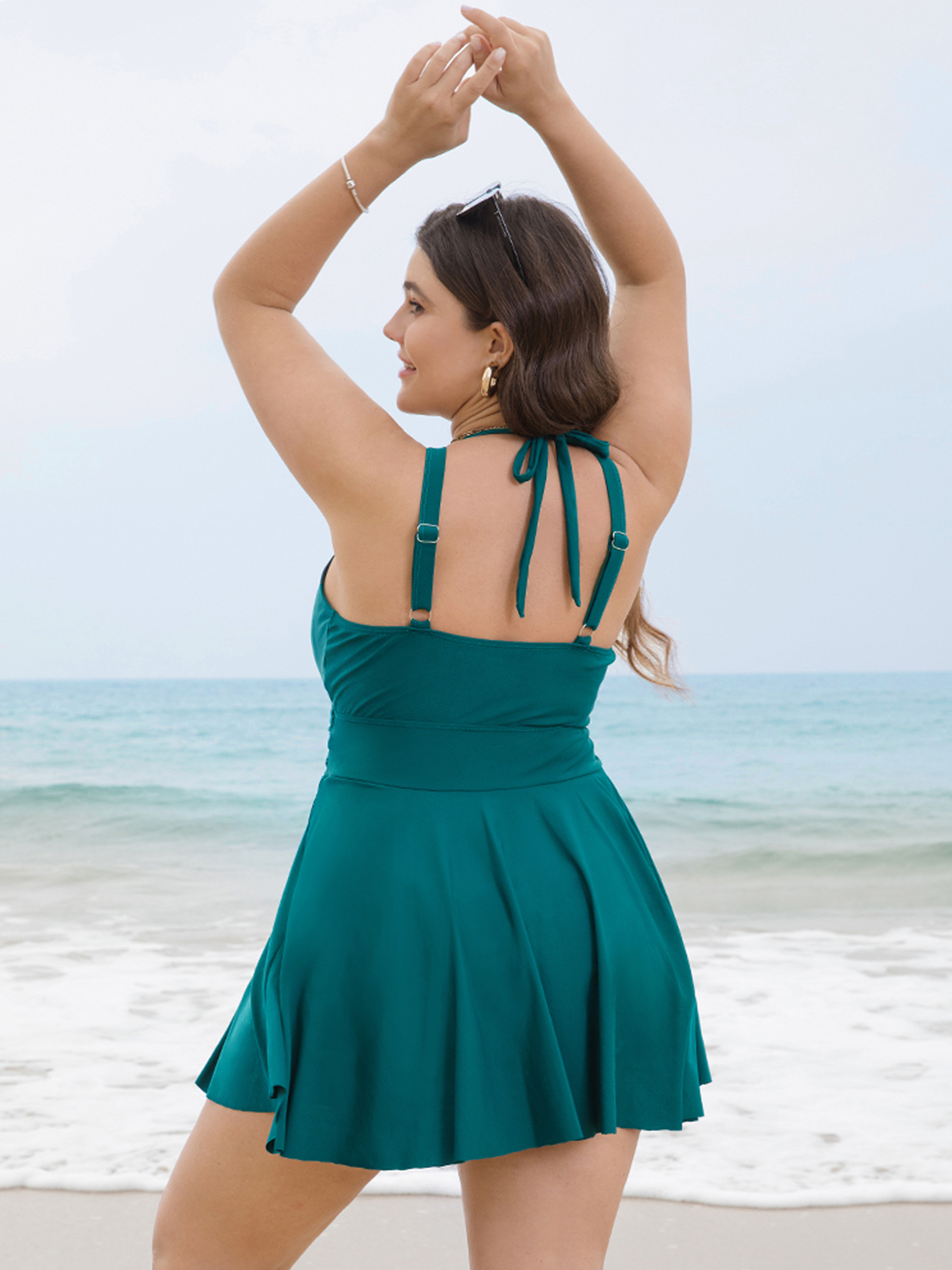 Solid Ruffle Hem Empire Waist Halter Neck Swim Dress BloomChic 