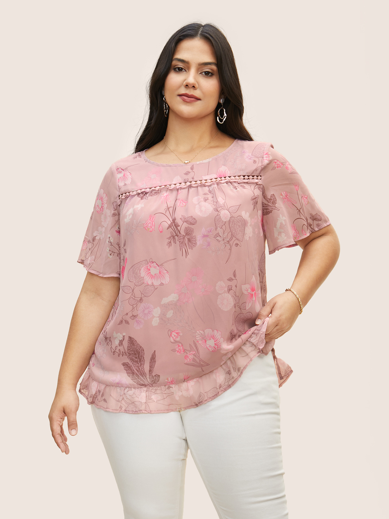 

Plus Size Lightpink Chiffon Floral Patchwork Ruffles Blouse Women Elegant Short sleeve Round Neck Everyday Blouses BloomChic