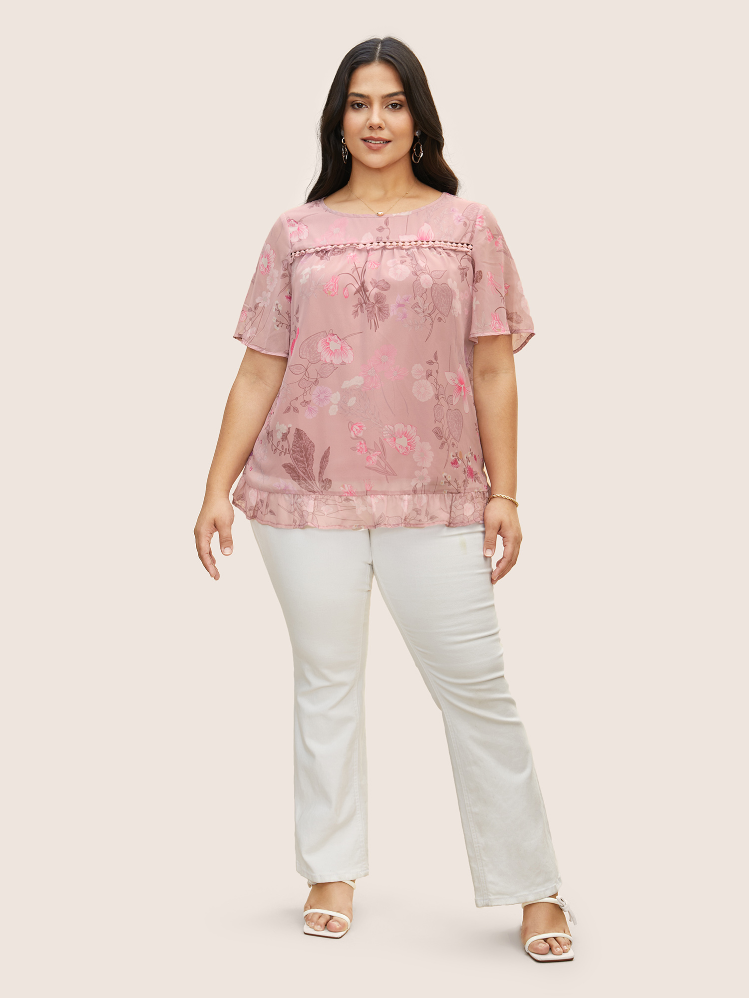 

Plus Size Lightpink Chiffon Floral Patchwork Ruffles Blouse Women Elegant Short sleeve Round Neck Everyday Blouses BloomChic