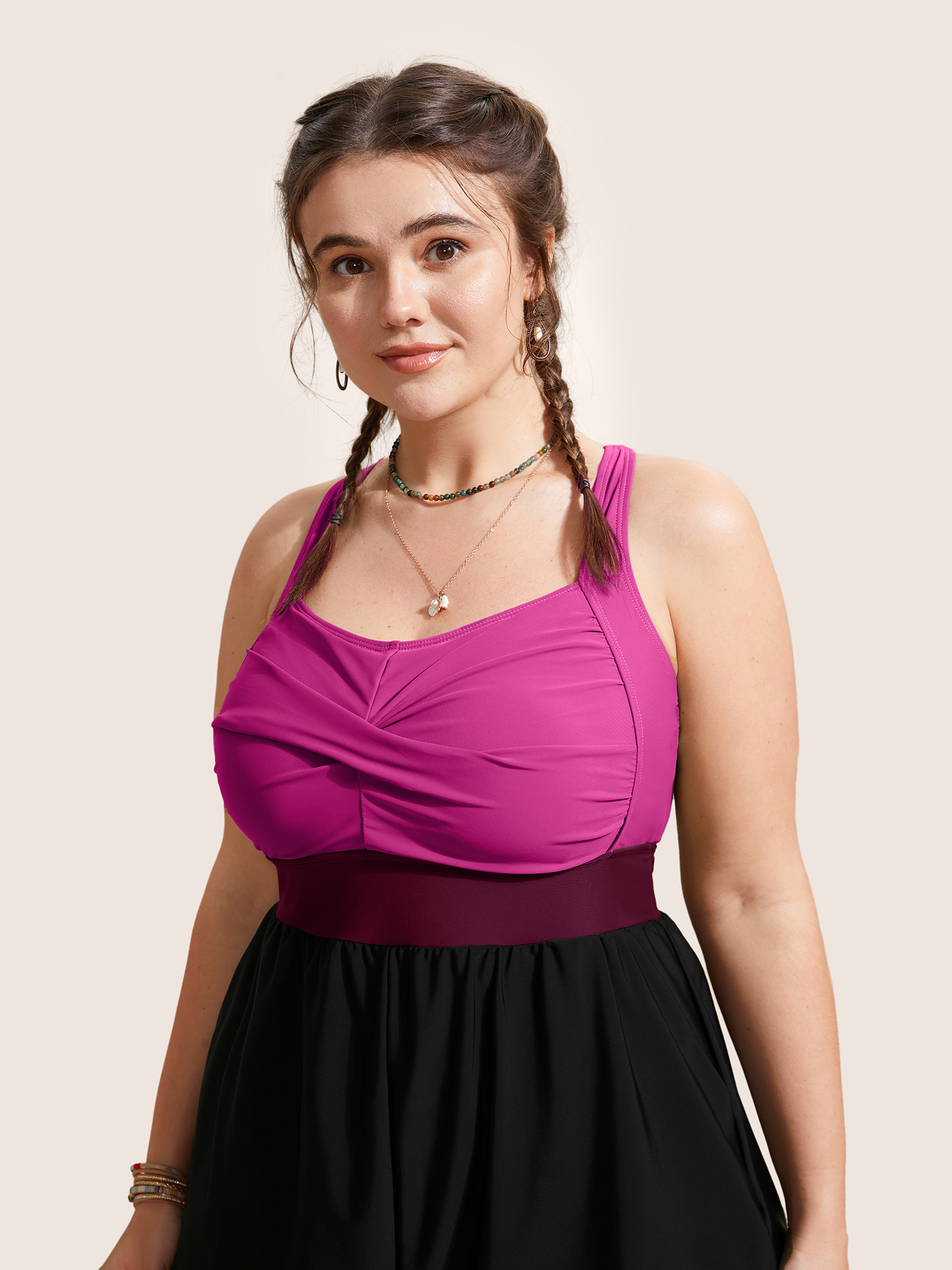 Plus Size Patchwork Contrast Crossover One Piece Swimsuit Women`s Swimwear Rosered Beach Twist Curve Bathing Suits High stretch One Pieces BloomChic 22-24/3X 