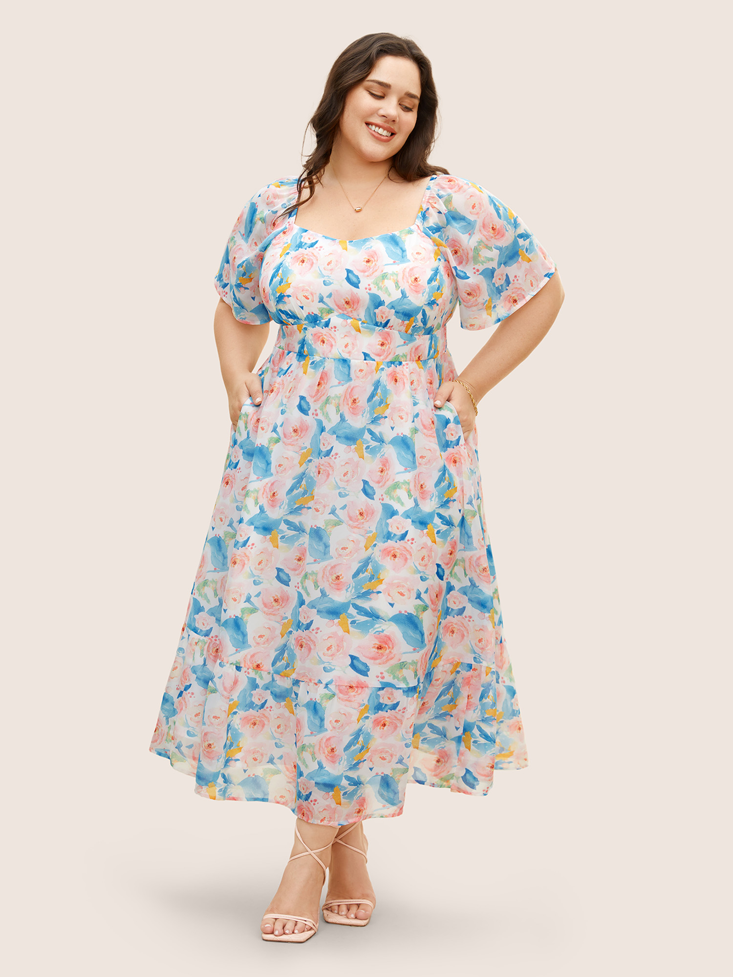 

Plus Size Watercolor Floral Shirred Puff Sleeve Midi Dress Skyblue Women Shirred Heart neckline Short sleeve Curvy BloomChic