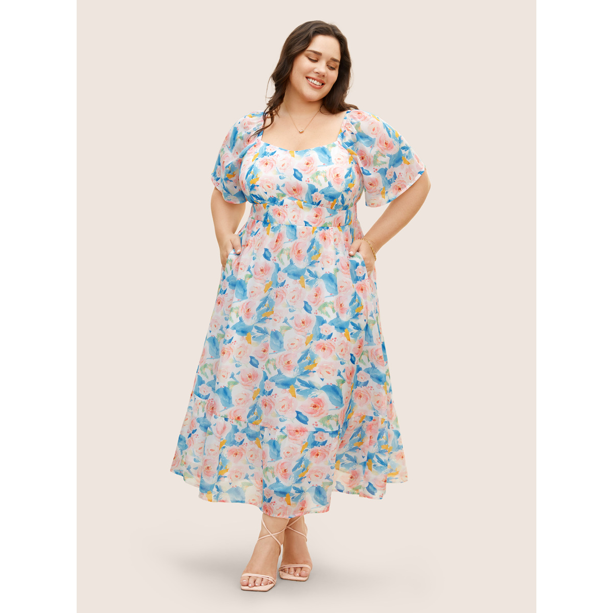 

Plus Size Watercolor Floral Shirred Puff Sleeve Midi Dress Skyblue Women Shirred Heart neckline Short sleeve Curvy BloomChic