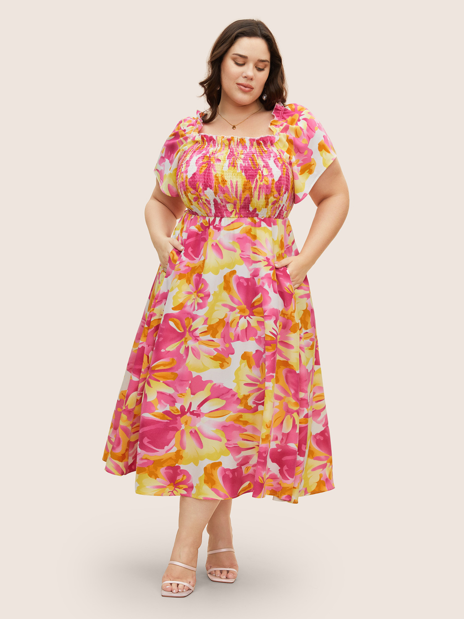 

Plus Size Floral Square Neck Shirred Frill Trim Midi Dress Peach Women Frill Trim Square Neck Short sleeve Curvy BloomChic