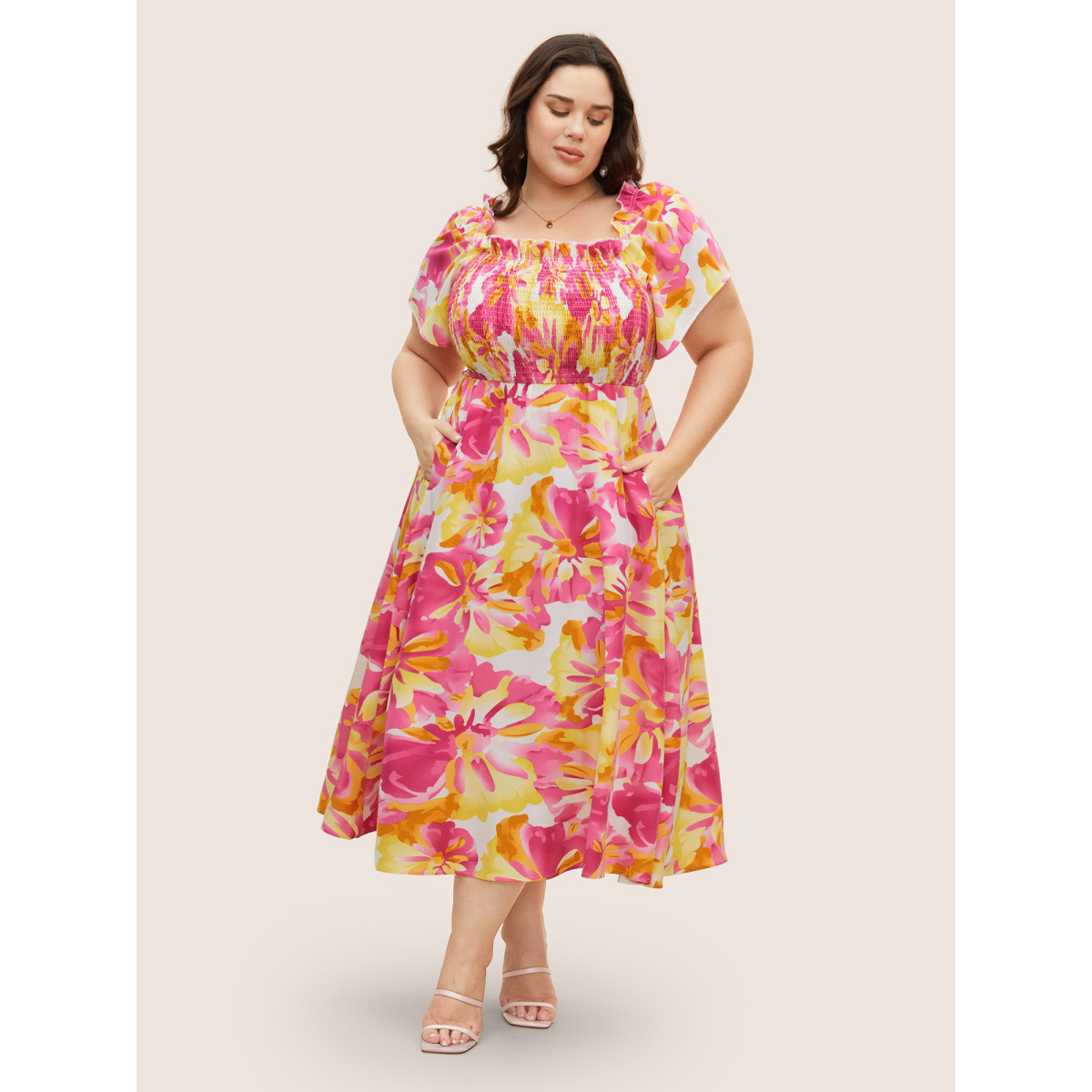 

Plus Size Floral Square Neck Shirred Frill Trim Midi Dress Peach Women Frill Trim Square Neck Short sleeve Curvy BloomChic