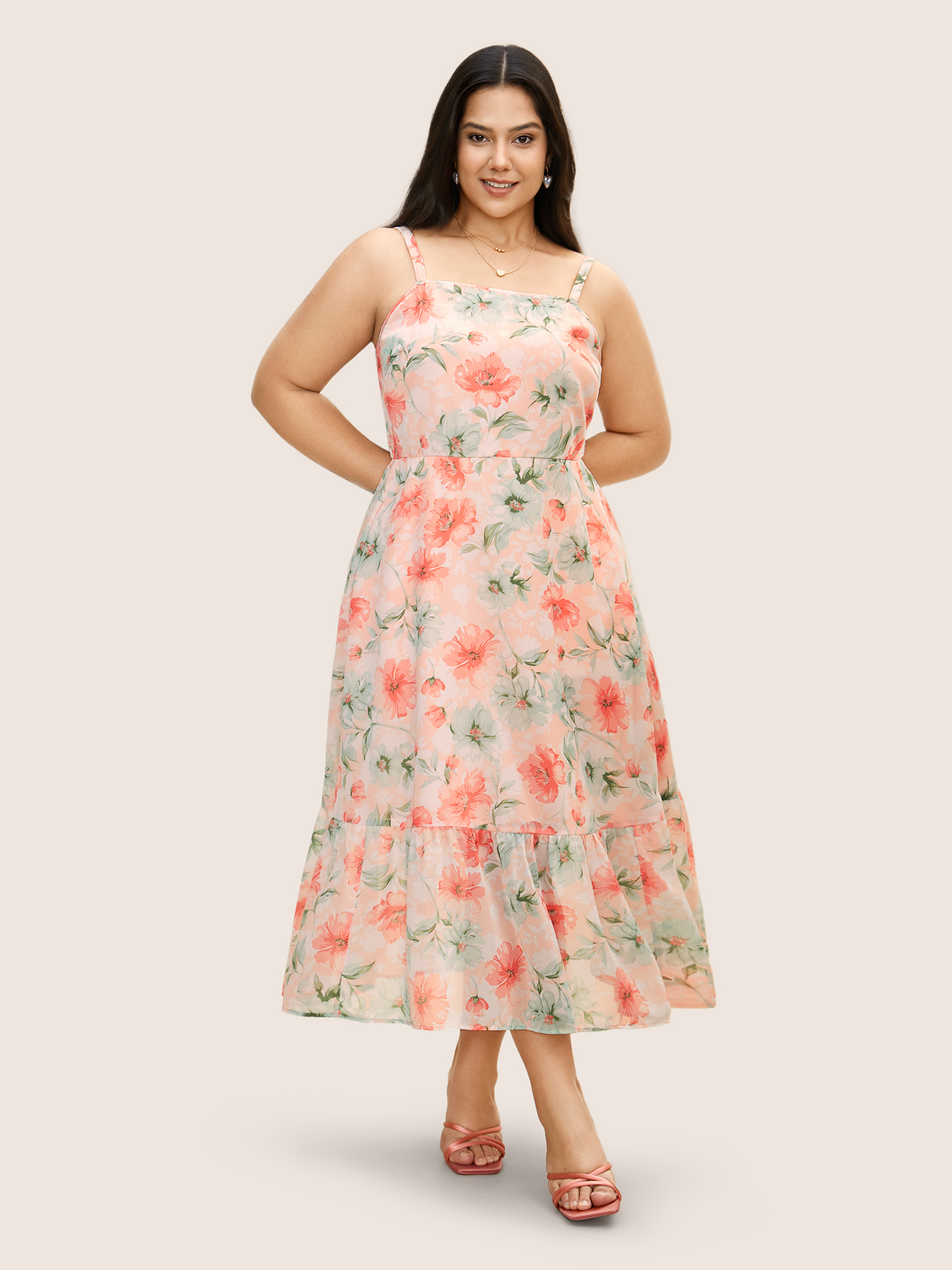 Plus Size Watercolor Floral Shirred Ruffle Hem Cami Dress Crepe Women Elegant Shirred Strapless Sleeveless Curvy BloomChic 10/M 