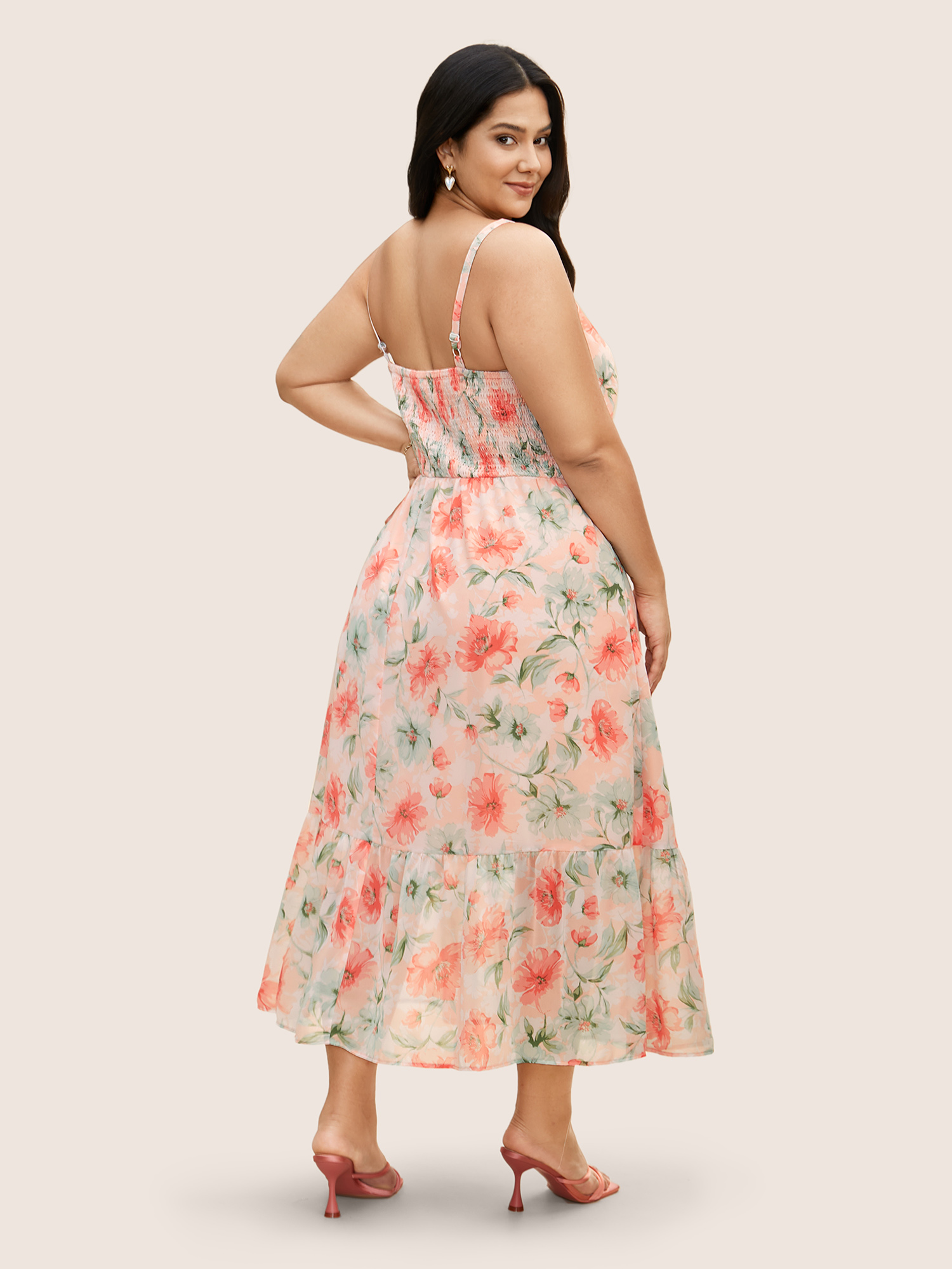 Plus Size Watercolor Floral Shirred Ruffle Hem Cami Dress Crepe Women Elegant Shirred Strapless Sleeveless Curvy BloomChic 10/M 