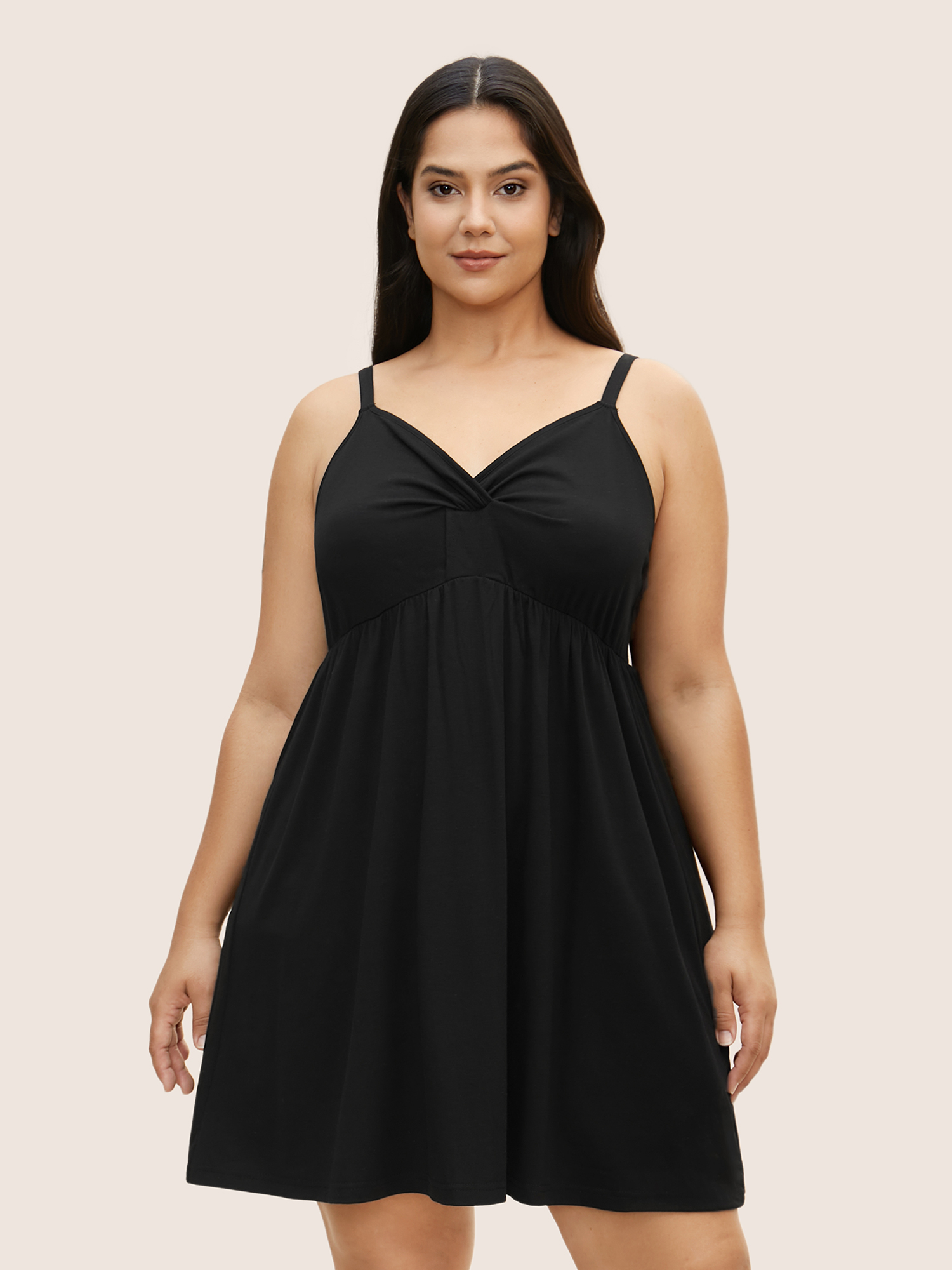 

Plus Size Plain Twist Front Cami Sleep Dress Black Sleeveless V-neck Elegant Everyday  Bloomchic