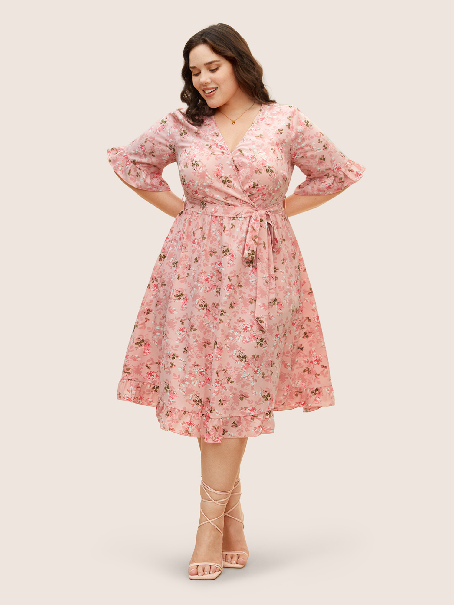 

Plus Size Floral Overlap Collar Belted Ruffles Dress Lightpink Women Elegant Belted Overlap Collar Half Sleeve Curvy BloomChic