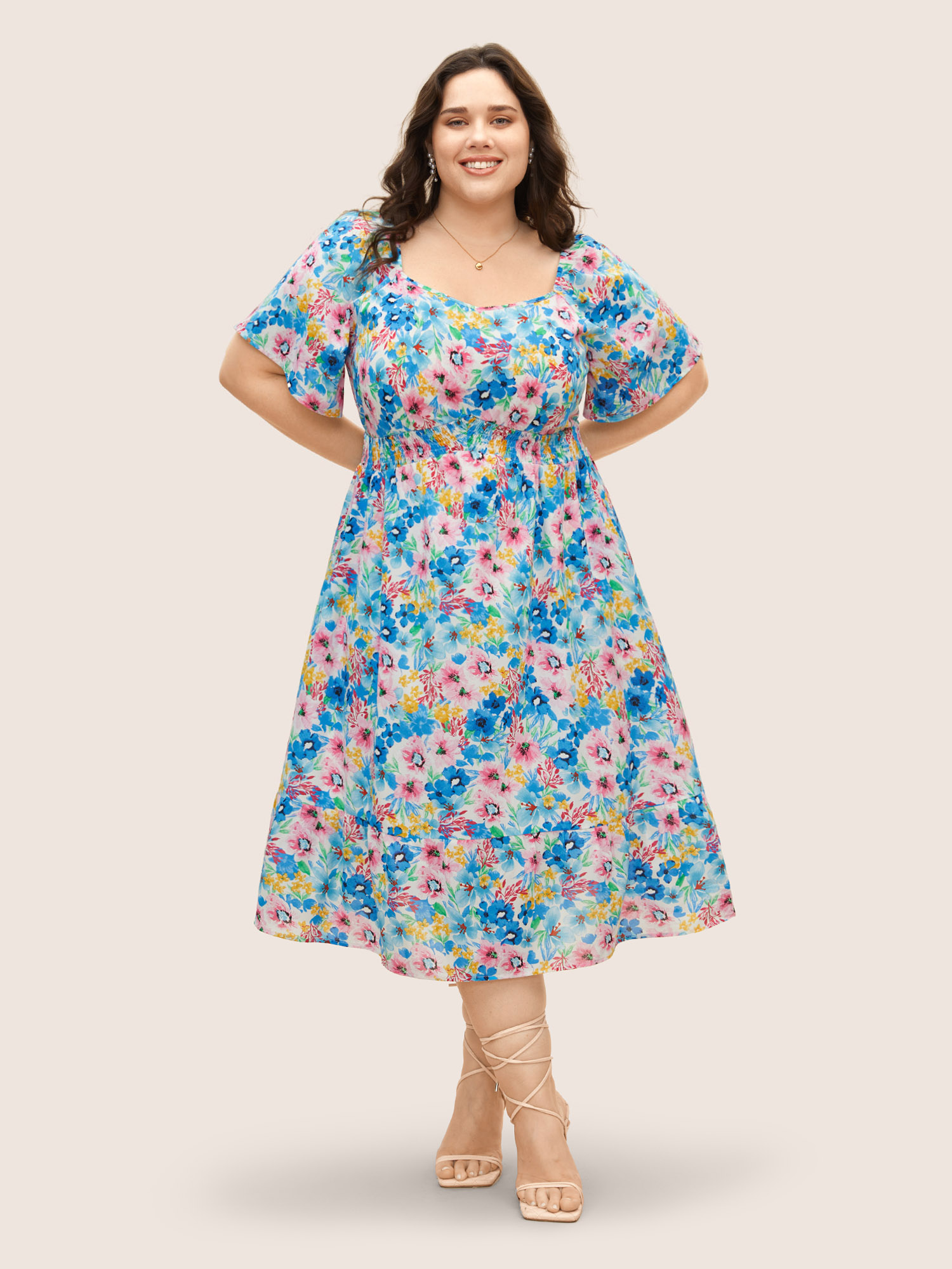 

Plus Size Heart Neckline Floral Ruffle Sleeve Dress Skyblue Women Elegant Gathered Heart neckline Short sleeve Curvy BloomChic