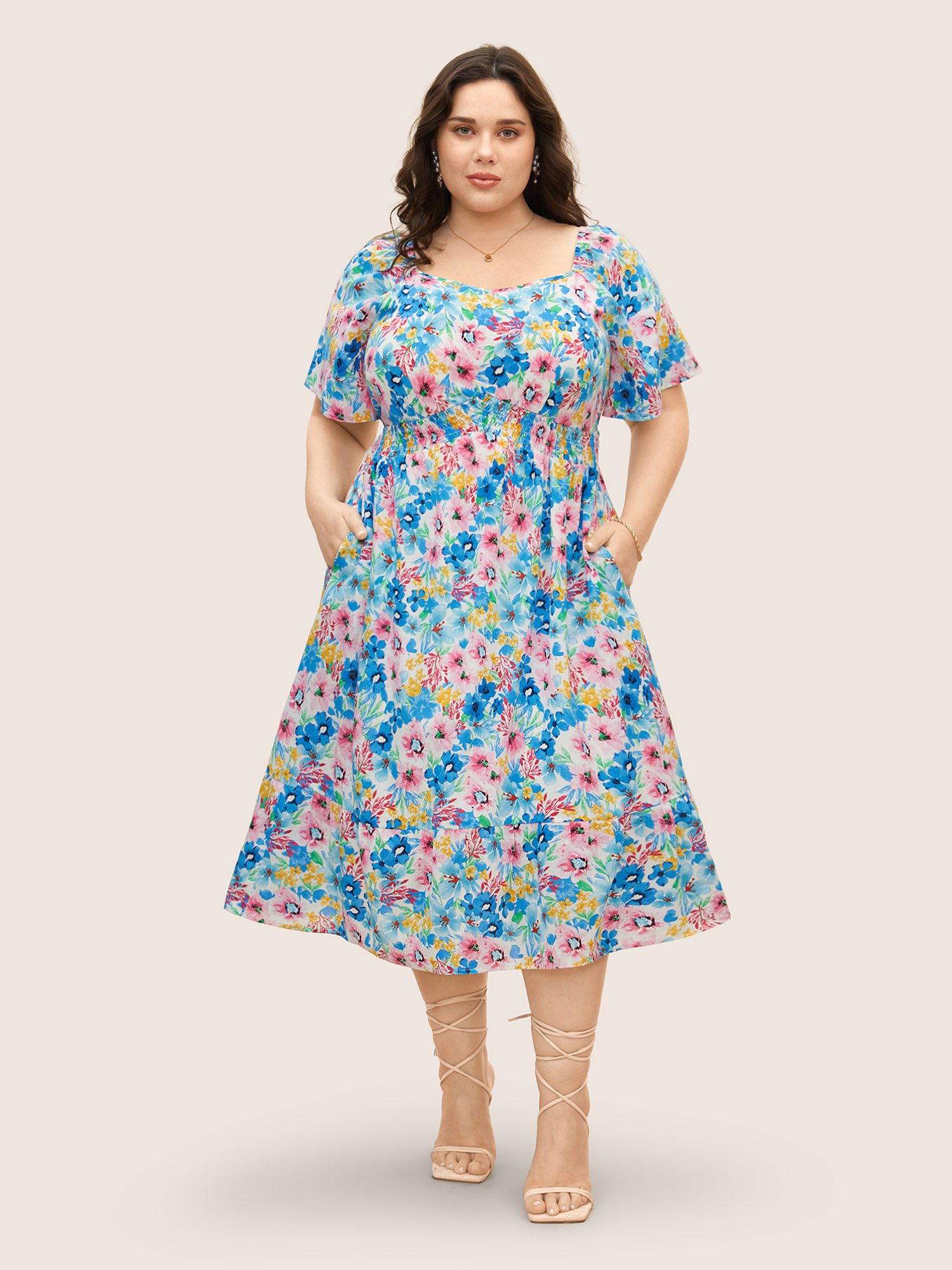 

Plus Size Heart Neckline Floral Ruffle Sleeve Dress Skyblue Women Elegant Gathered Heart neckline Short sleeve Curvy BloomChic