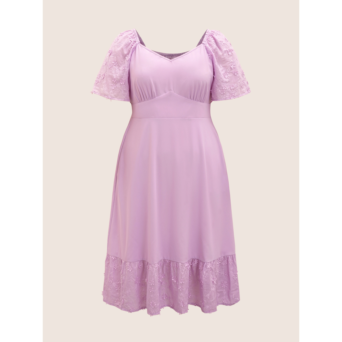 

Plus Size Heart Neckline Textured Flower Patchwork Dress Lilac Women Texture Heart neckline Short sleeve Curvy BloomChic
