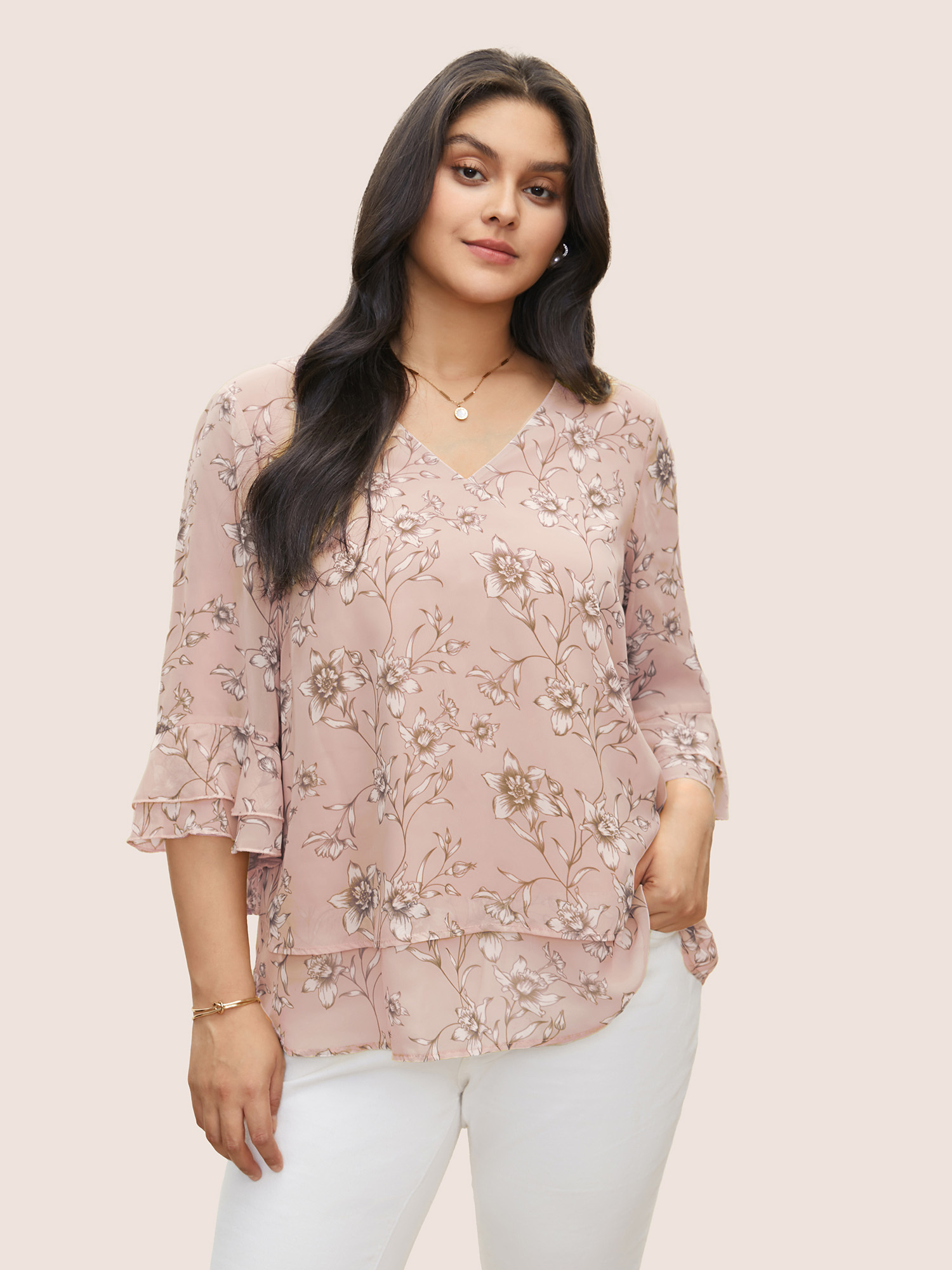 

Plus Size Lightpink Daffodils Print Tiered Ruffle Sleeve Mesh Blouse Women Elegant Elbow-length sleeve V-neck Everyday Blouses BloomChic
