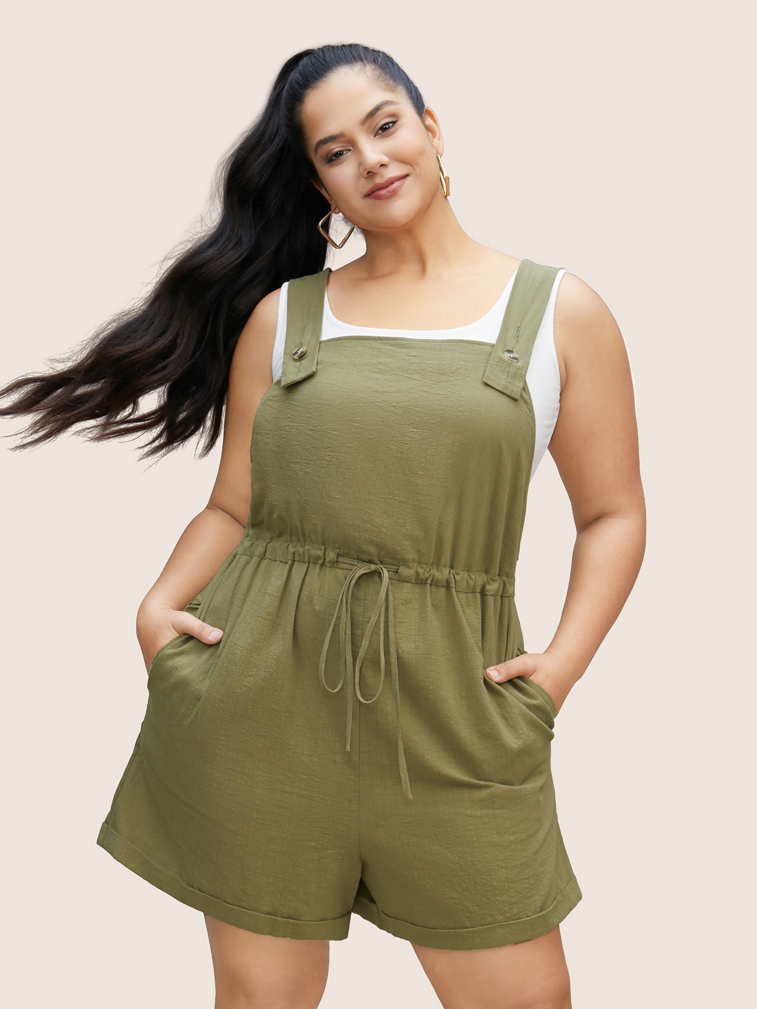 

Plus Size Moss Cotton Square Neck Drawstring Roll Hem Jumpsuit Women Casual Sleeveless Square Neck Everyday Loose Jumpsuits BloomChic