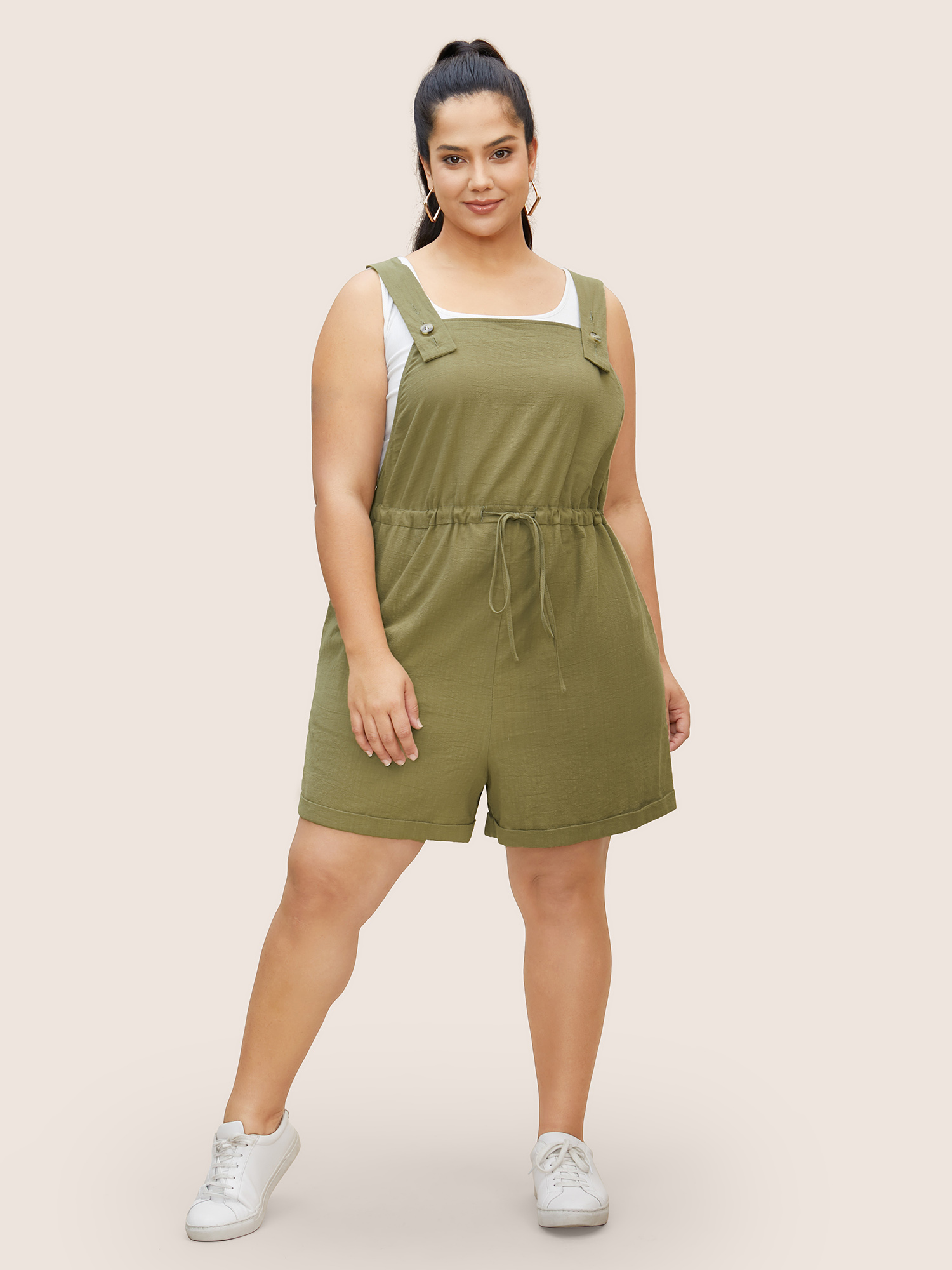 

Plus Size Moss Cotton Square Neck Drawstring Roll Hem Jumpsuit Women Casual Sleeveless Square Neck Everyday Loose Jumpsuits BloomChic