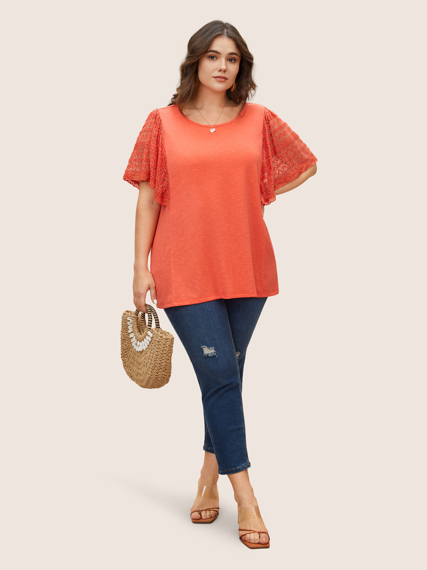 

Plus Size Crochet Lace Mesh Flutter Sleeve T-shirt OrangeRed Women Resort Patchwork Round Neck Vacation T-shirts BloomChic