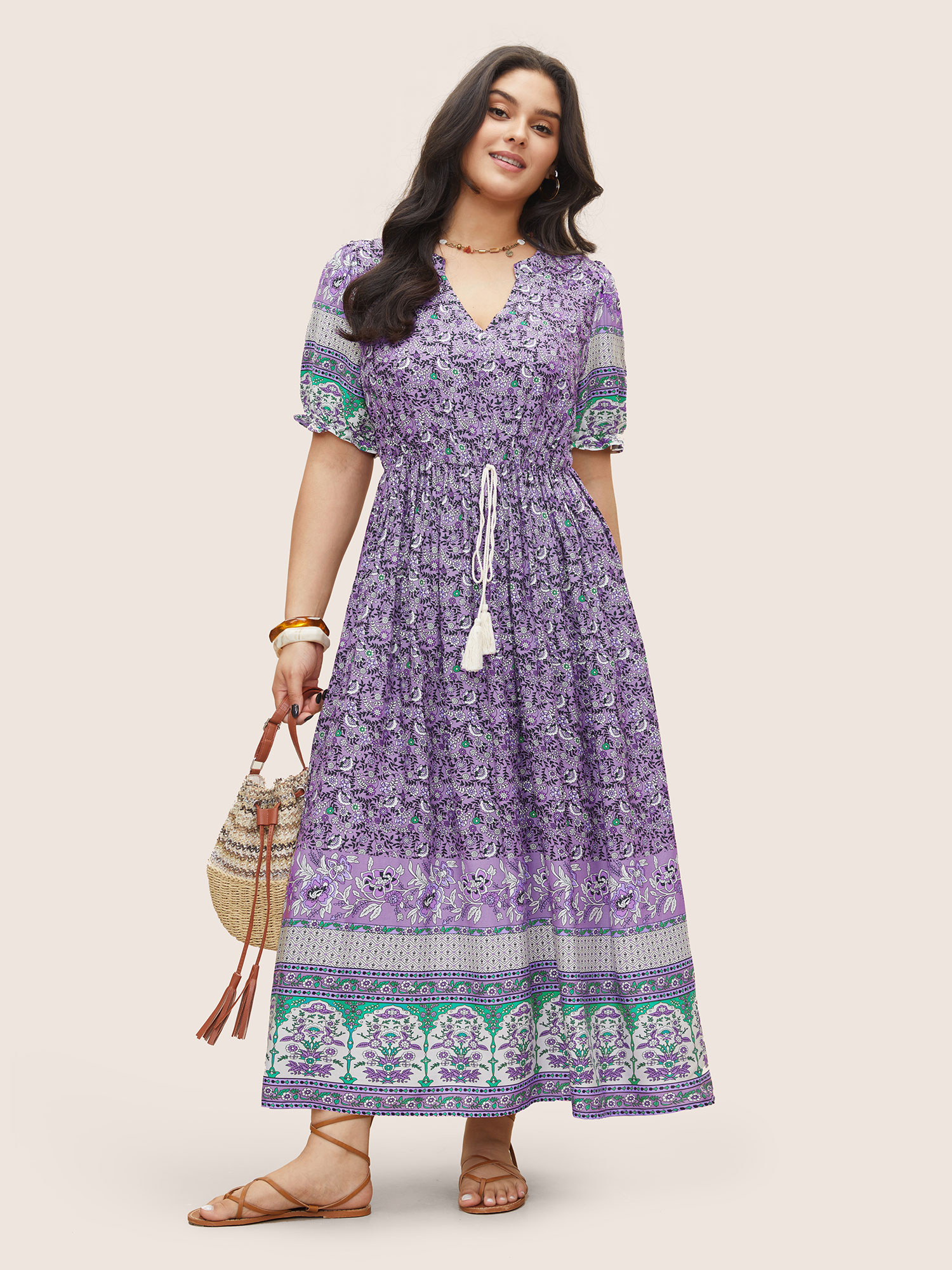 

Plus Size Boho Print Notched Ties Tassel Trim Dress Lilac Women Resort Non Notched collar Short sleeve Curvy BloomChic