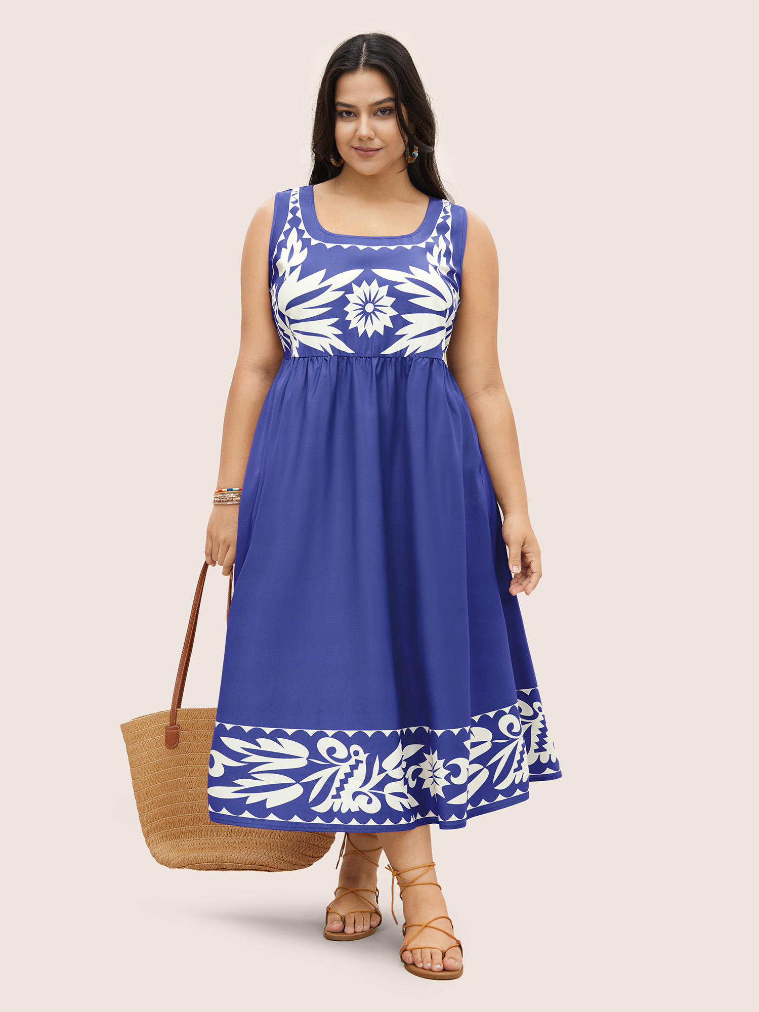 

Plus Size Boho Print Square Neck Elastic Waist Tank Dress Skyblue Women Resort Gathered Round Neck Sleeveless Curvy Midi Dress BloomChic