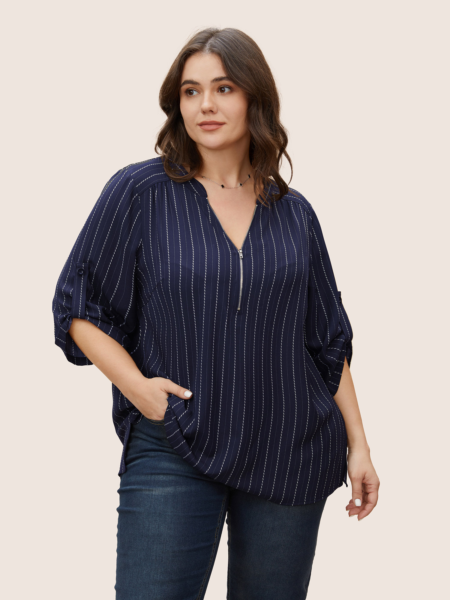 

Plus Size Indigo Striped Half Zip Tab Sleeve Blouse Women Work From Home Elbow-length sleeve Flat collar Work Blouses BloomChic