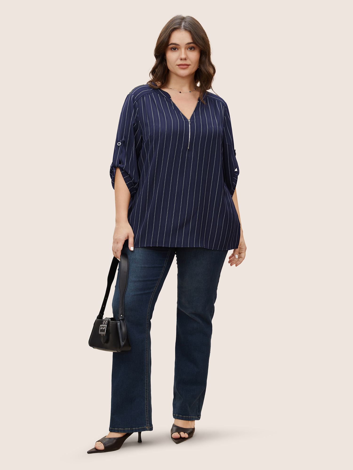 

Plus Size Indigo Striped Half Zip Tab Sleeve Blouse Women Work From Home Elbow-length sleeve Flat collar Work Blouses BloomChic