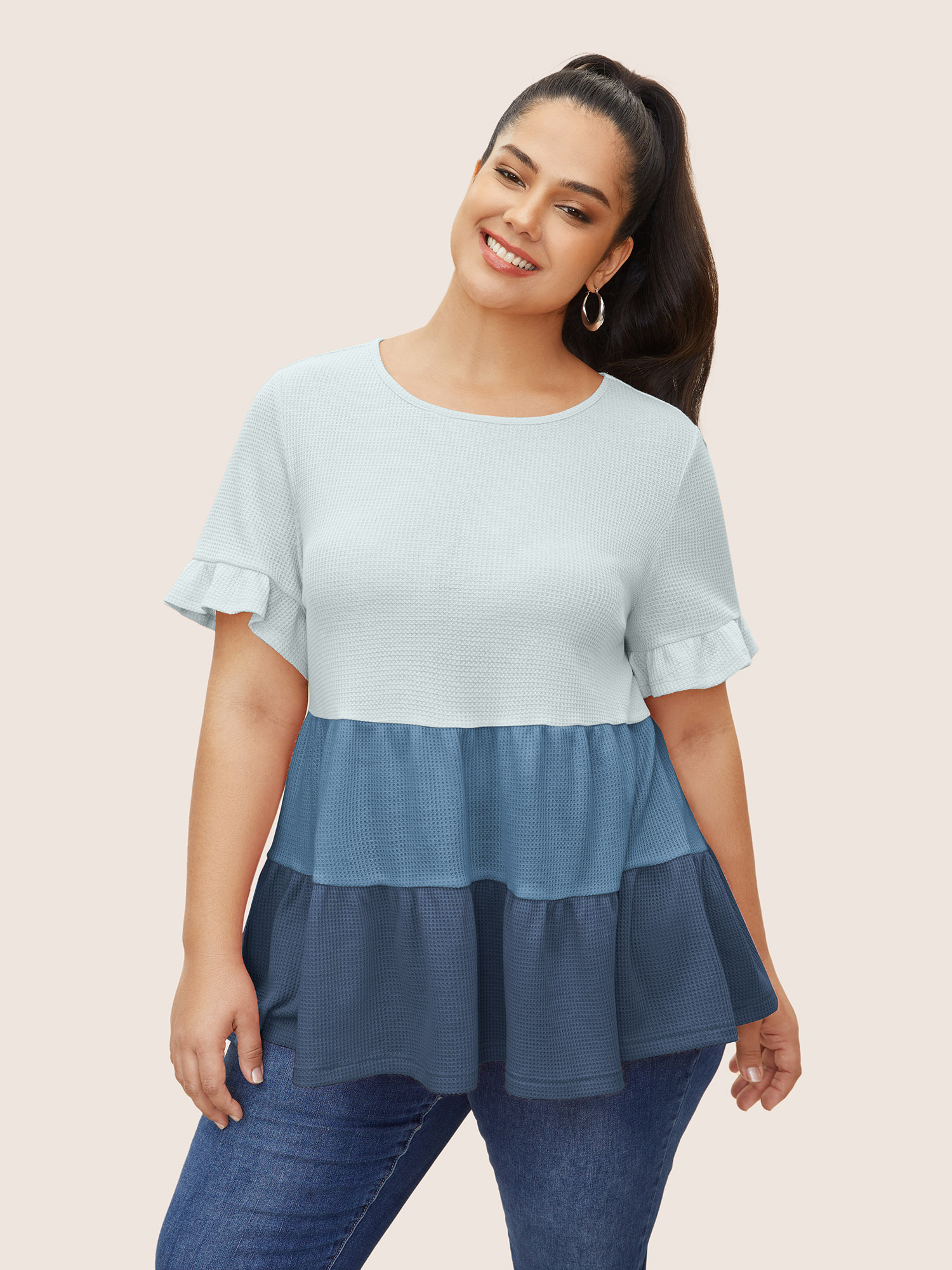 

Plus Size Waffle Knit Contrast Ruffle Layered Hem T-shirt Azure Round Neck Short sleeve Casual Jersey Tops