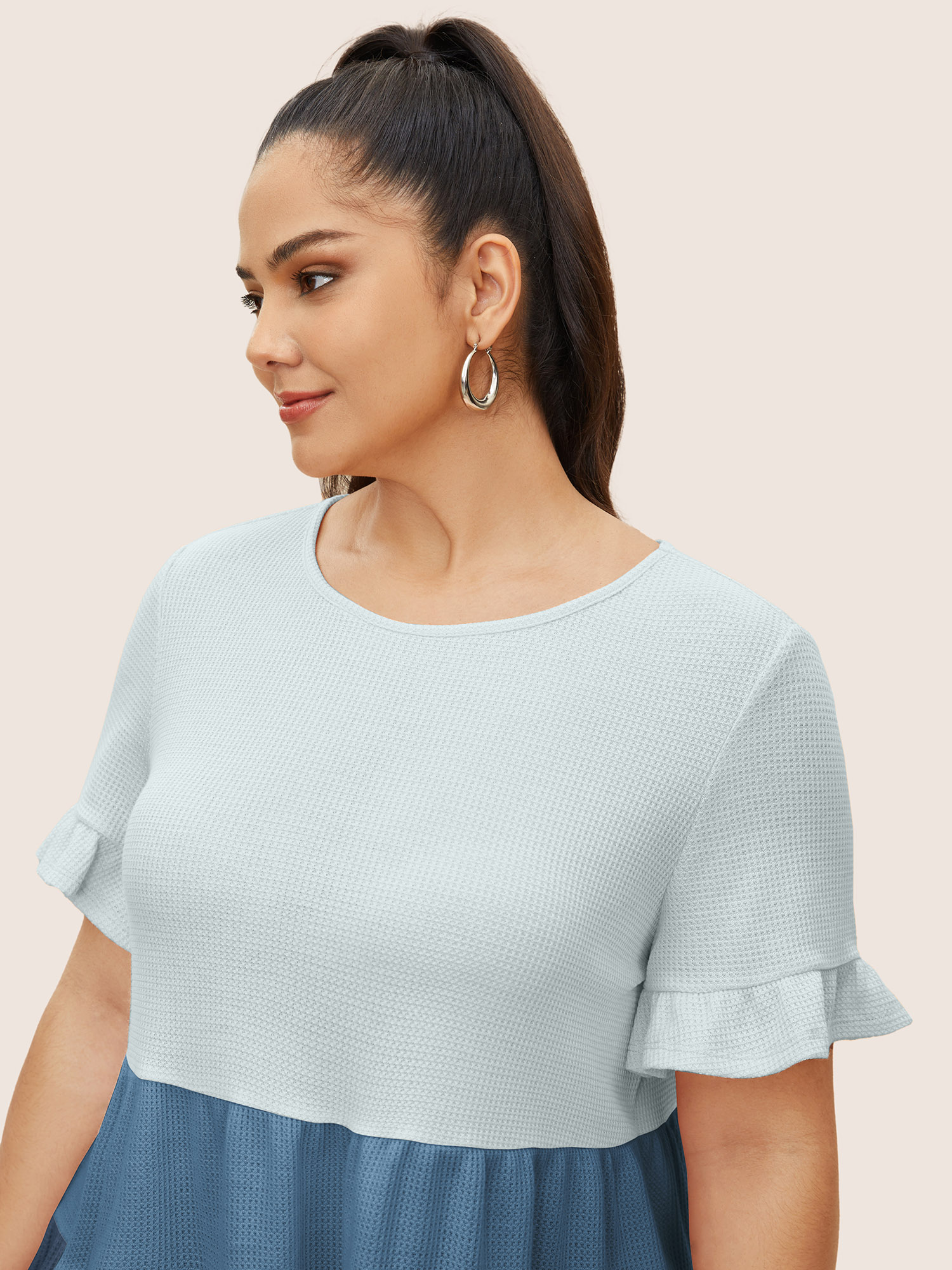 

Plus Size Waffle Knit Contrast Ruffle Layered Hem T-shirt Azure Women Casual Contrast Round Neck Everyday T-shirts BloomChic