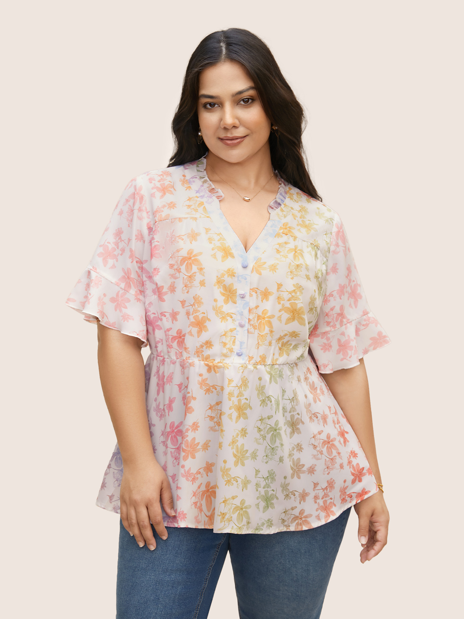 

Plus Size Multicolor Ombre Floral Print Notched Collar Blouse Women Elegant Short sleeve Notched collar Everyday Blouses BloomChic