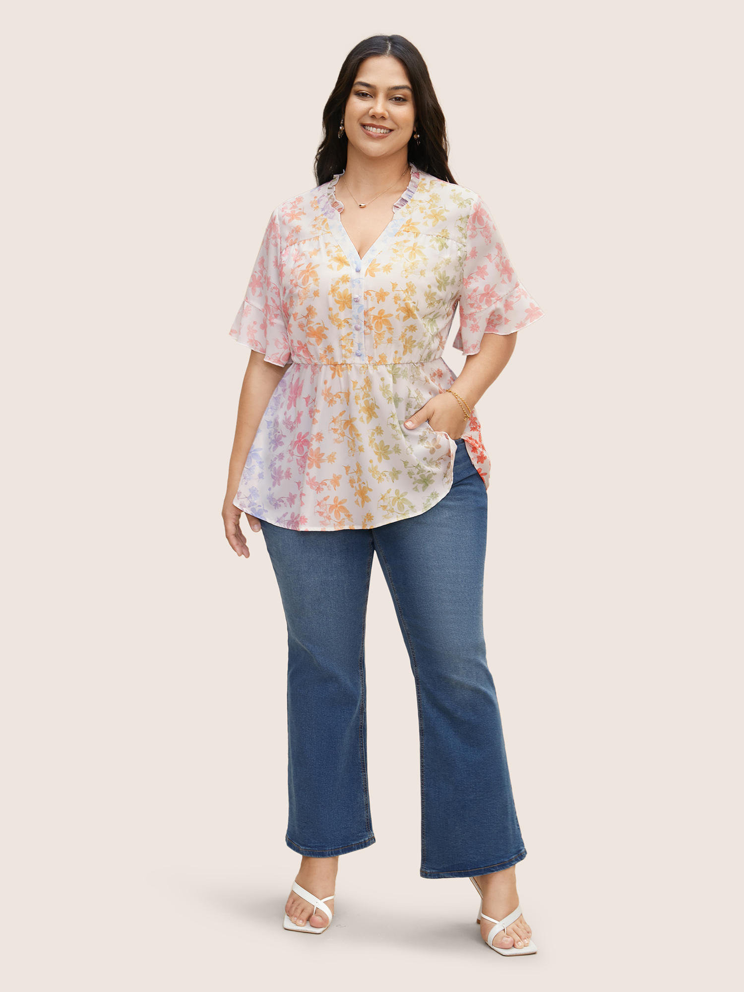 Plus Size Multicolor Ombre Floral Print Notched Collar Blouse Women Elegant Short sleeve Notched collar Everyday Blouses BloomChic 14-16/1X 