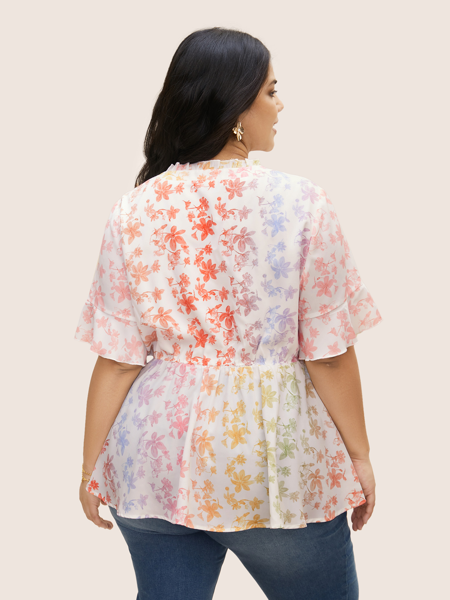 Plus Size Multicolor Ombre Floral Print Notched Collar Blouse Women Elegant Short sleeve Notched collar Everyday Blouses BloomChic 14-16/1X 