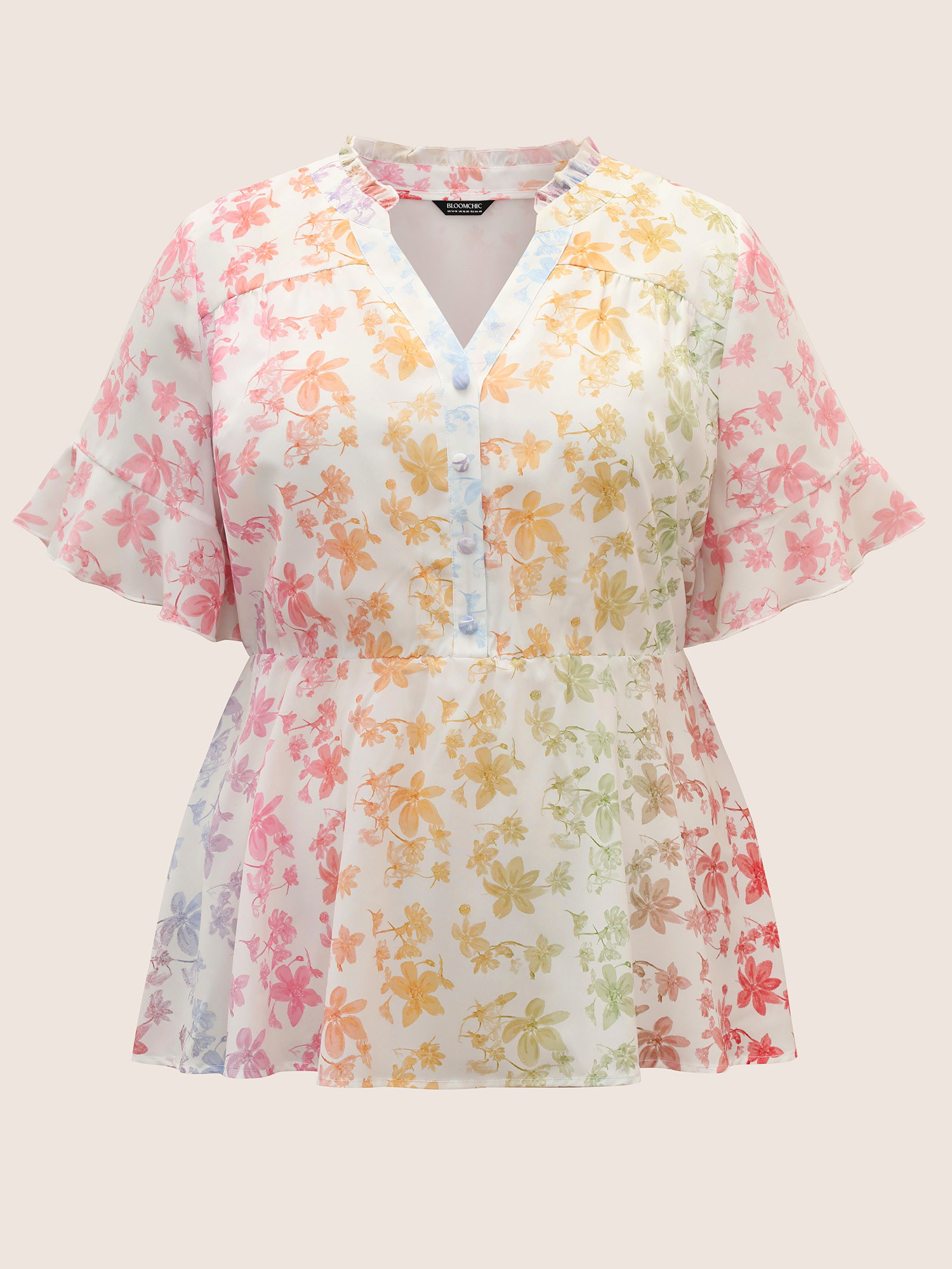 Plus Size Multicolor Ombre Floral Print Notched Collar Blouse Women Elegant Short sleeve Notched collar Everyday Blouses BloomChic 14-16/1X 