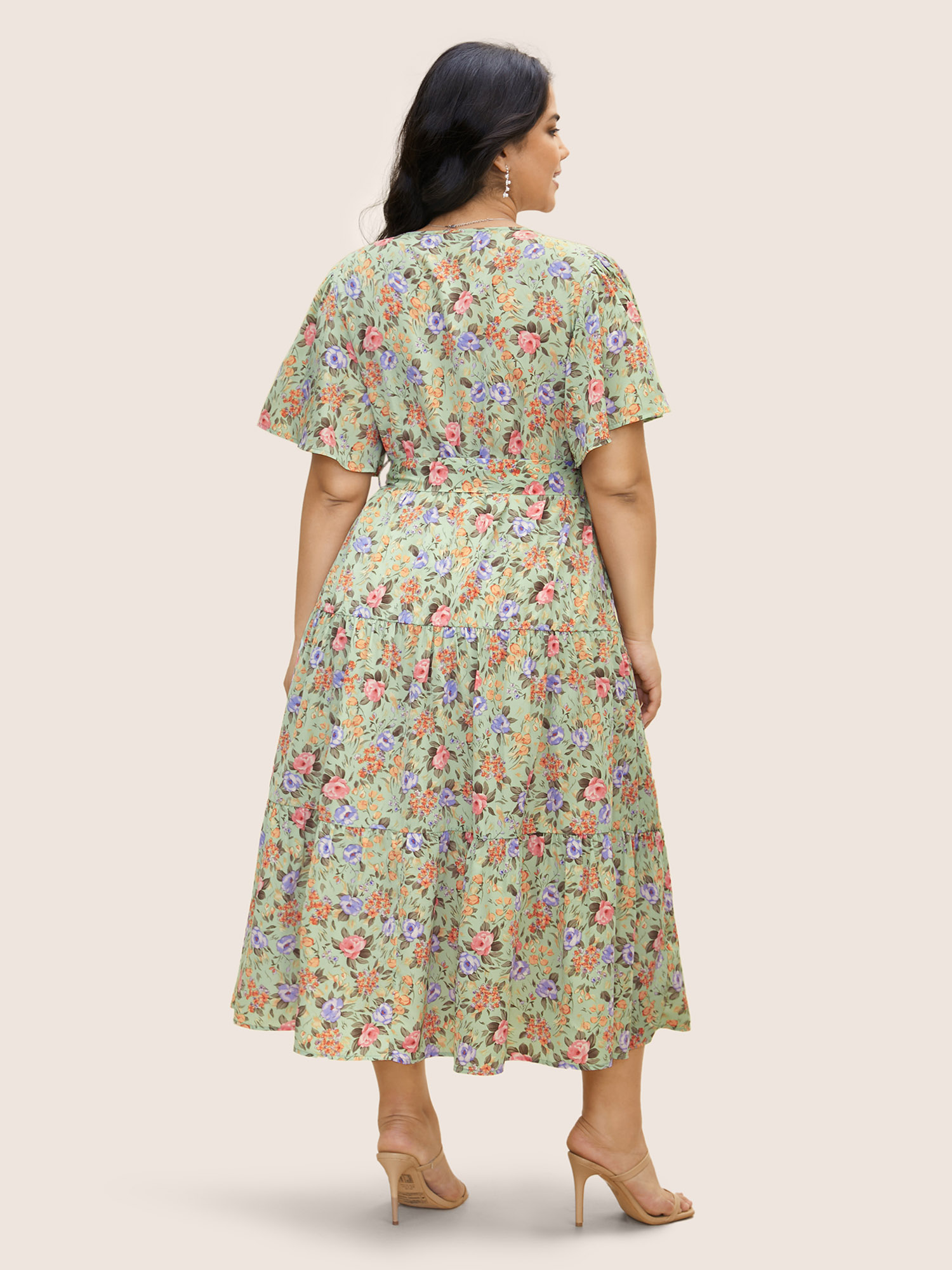 

Plus Size Floral Overlap Collar Ruffle Sleeve Belted Dress Palemauve Women Overlapping V-neck Short sleeve Curvy Midi Dress BloomChic