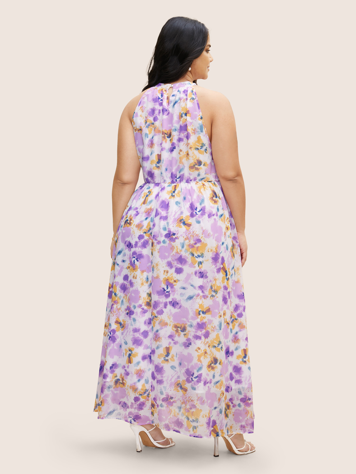 

Plus Size Halter Neck Floral Pleated Pocket Dress Lavender Women Shirt collar Sleeveless Curvy BloomChic